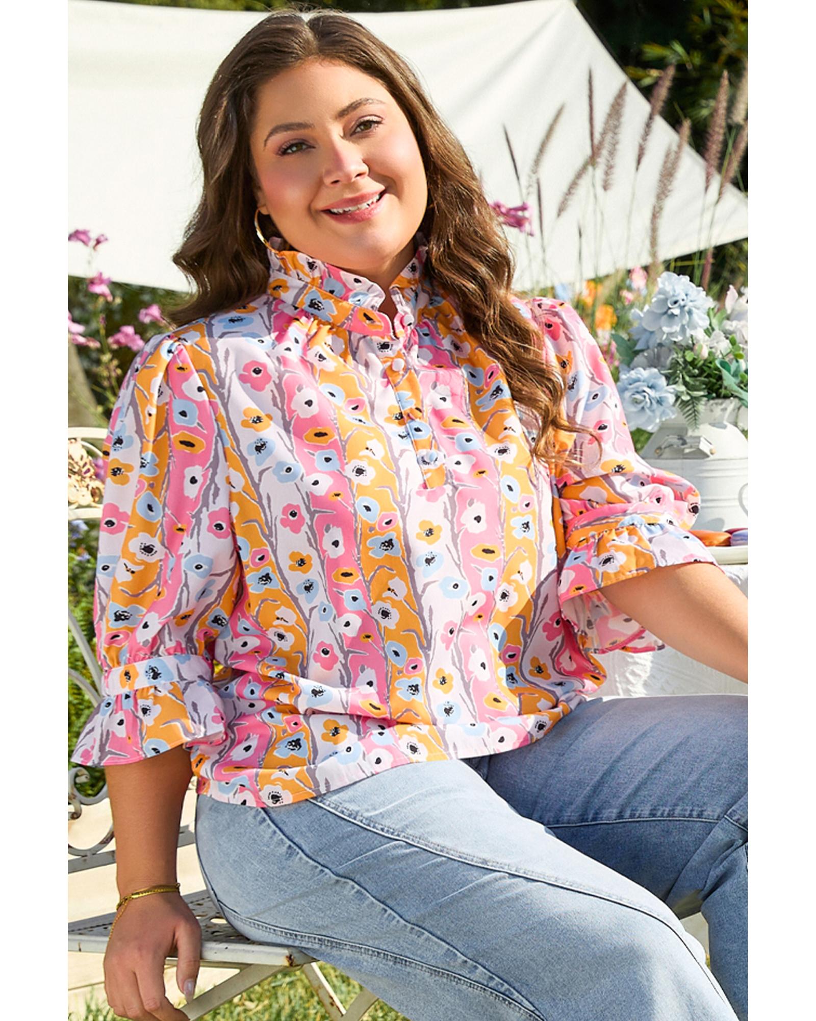Pink Floral Ruffled Collar Bracelet Sleeve Plus Size Blouse Top - 3X
