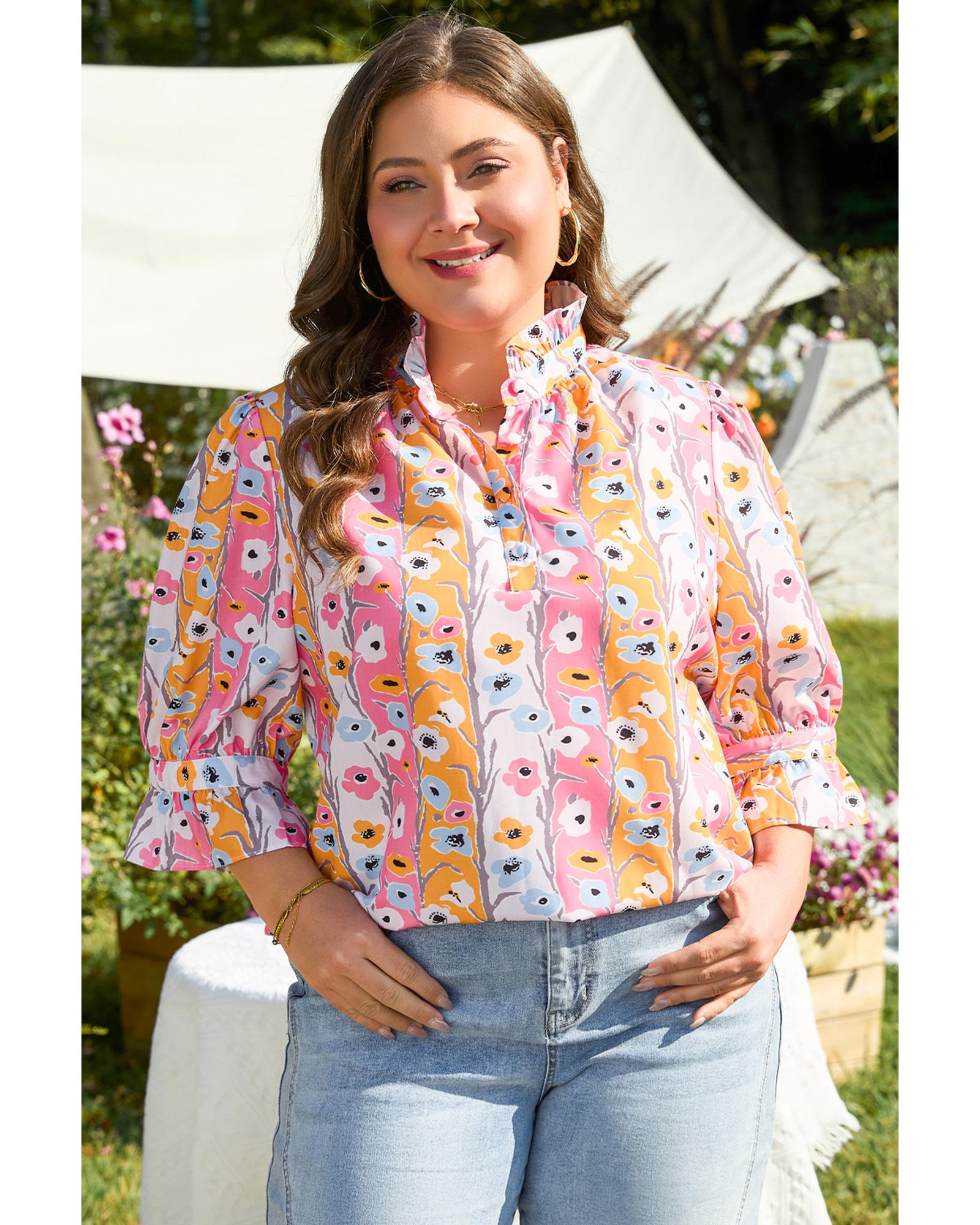 Pink Floral Ruffled Collar Bracelet Sleeve Plus Size Blouse Top - 3X