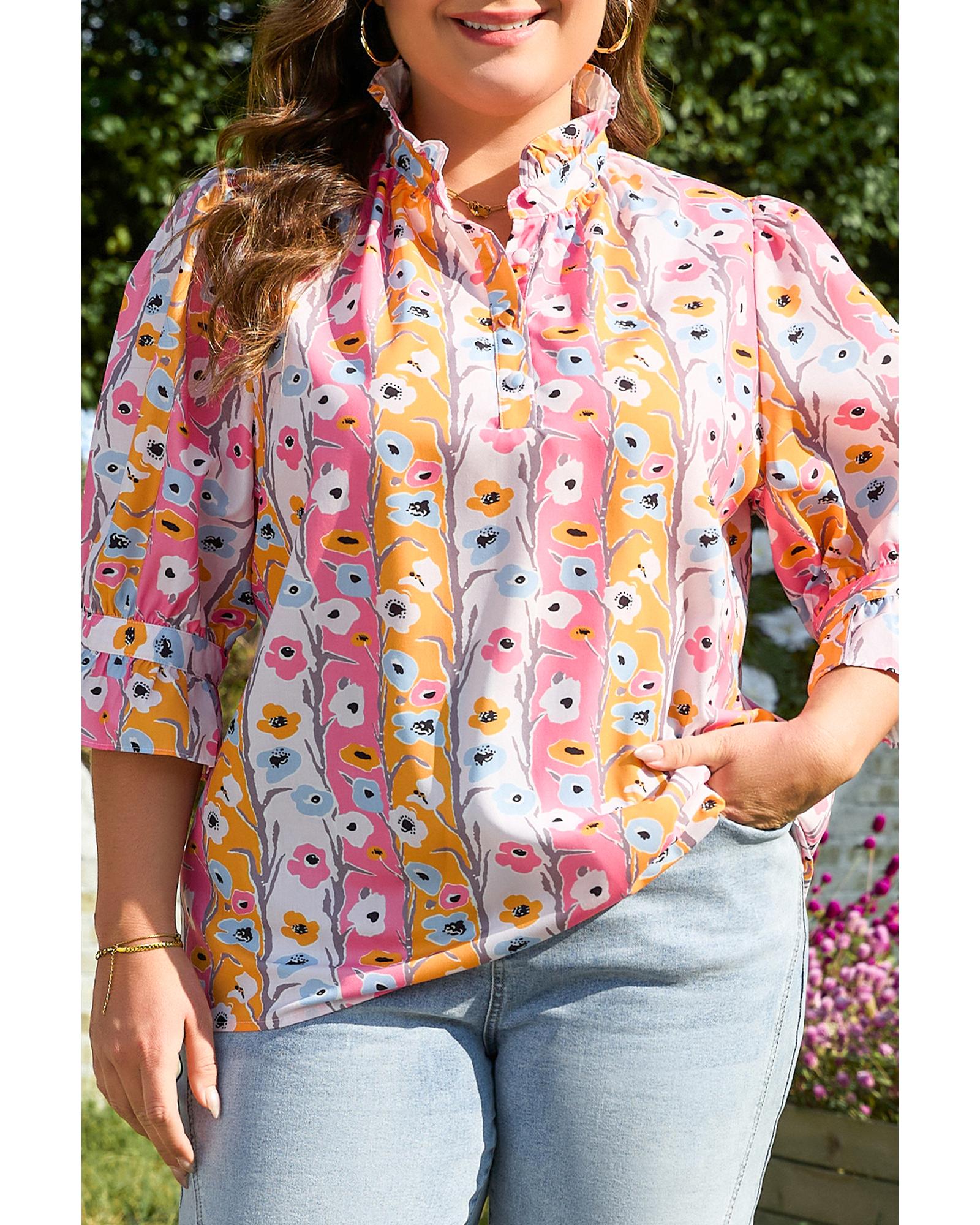 Pink Floral Ruffled Collar Bracelet Sleeve Plus Size Blouse Top - 3X