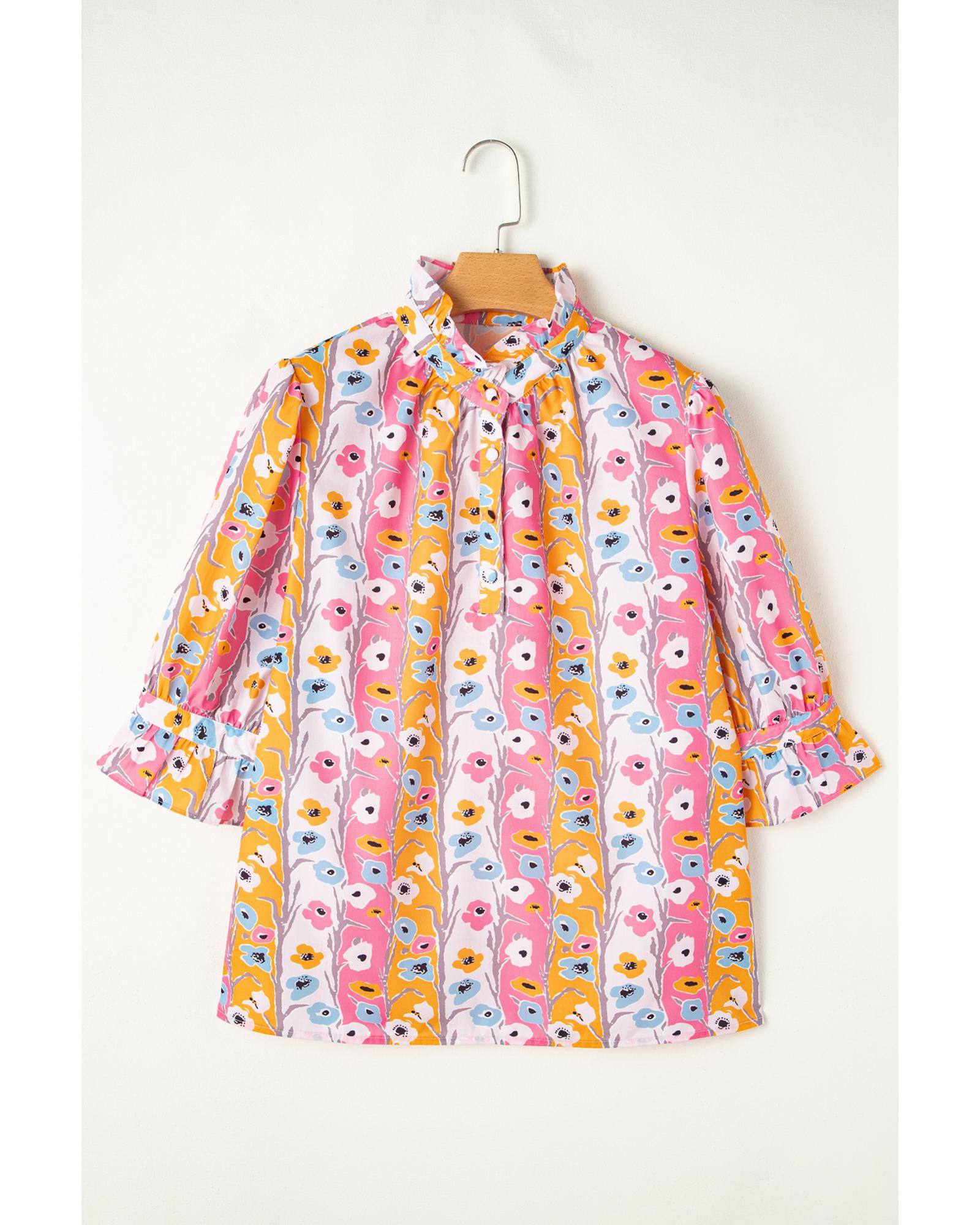 Pink Floral Ruffled Collar Bracelet Sleeve Plus Size Blouse Top - 4X