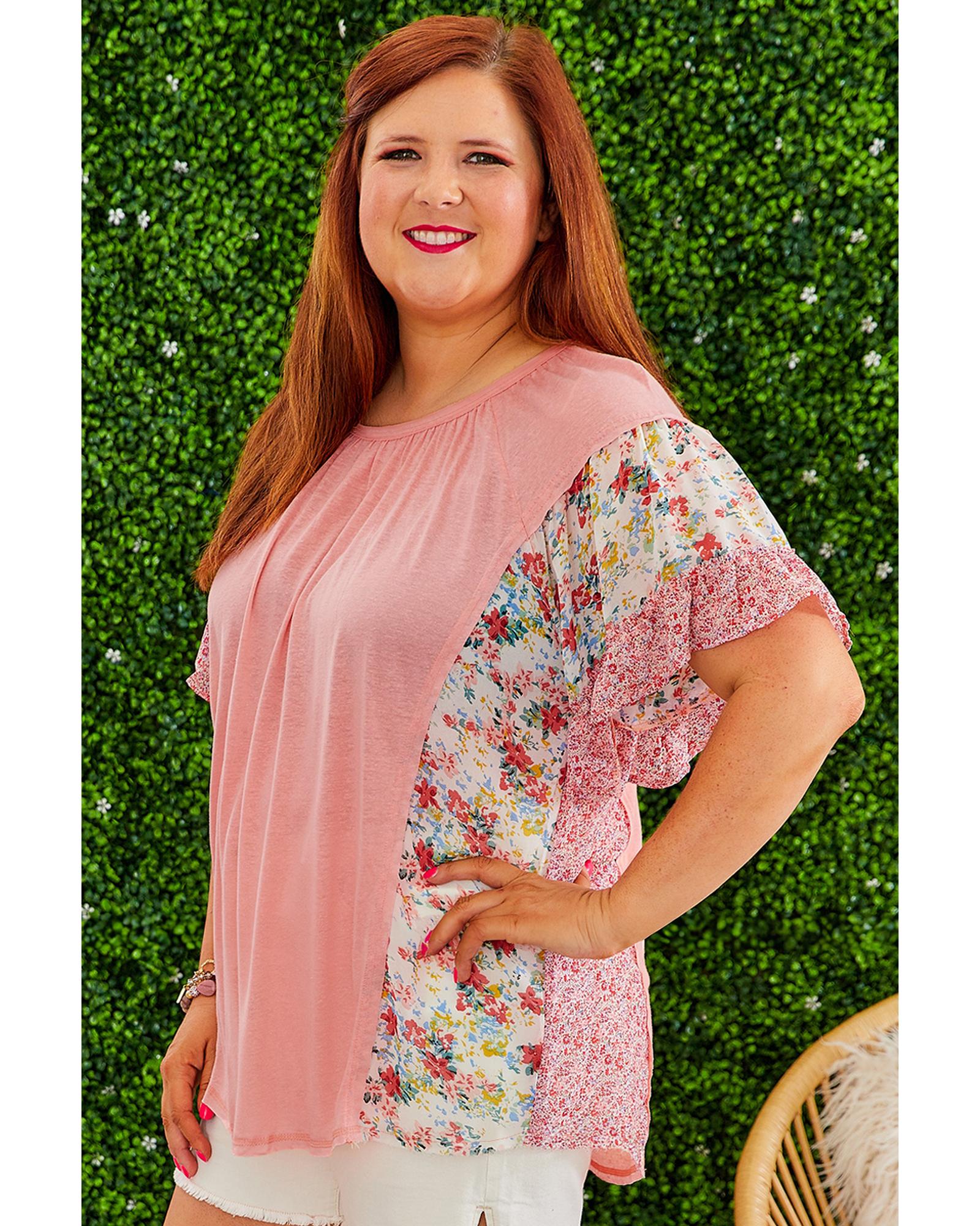 Pink Plus Size Floral Patchwork Ruffled Short Sleeve Blouse - 4X