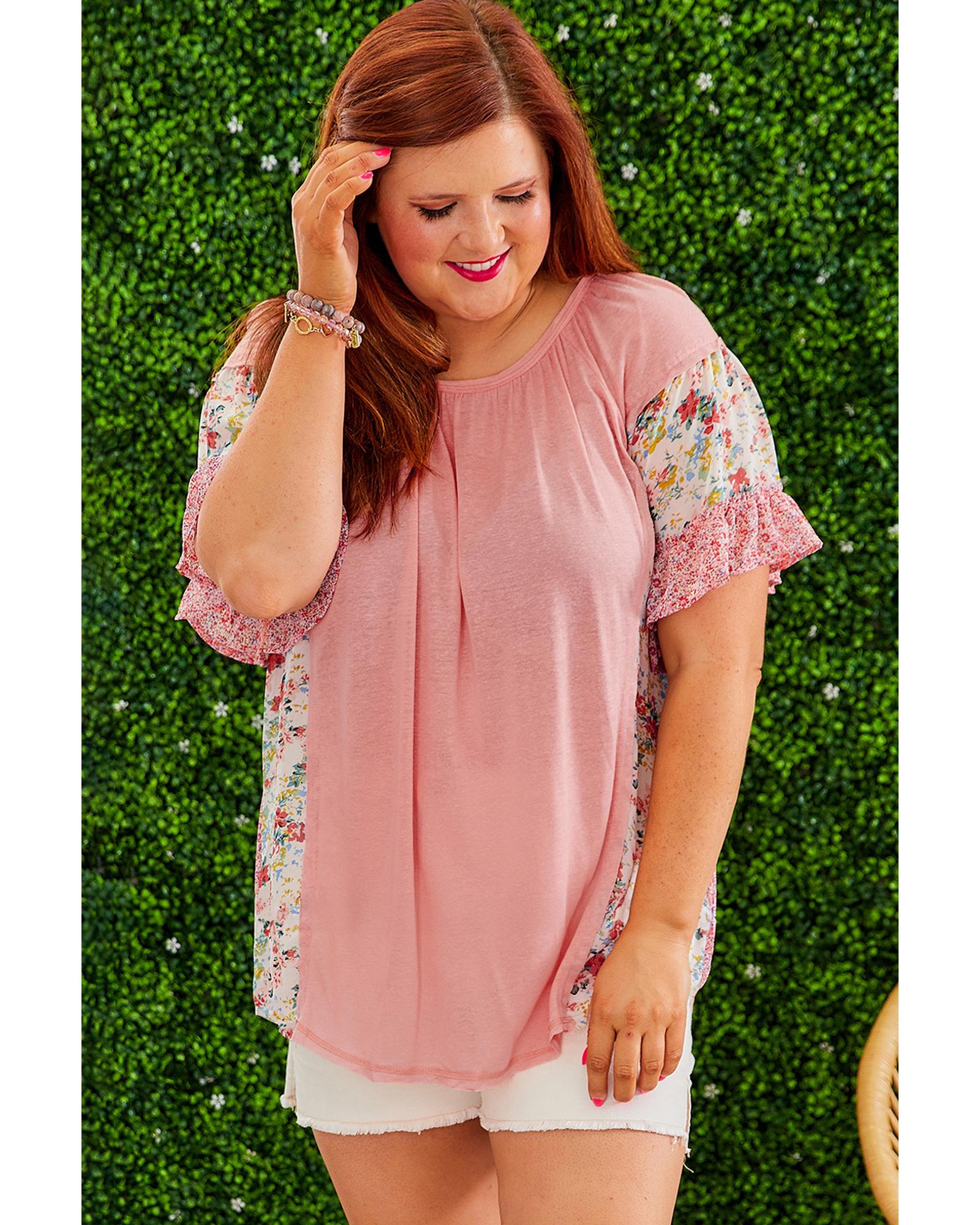 Pink Plus Size Floral Patchwork Ruffled Short Sleeve Blouse - 4X
