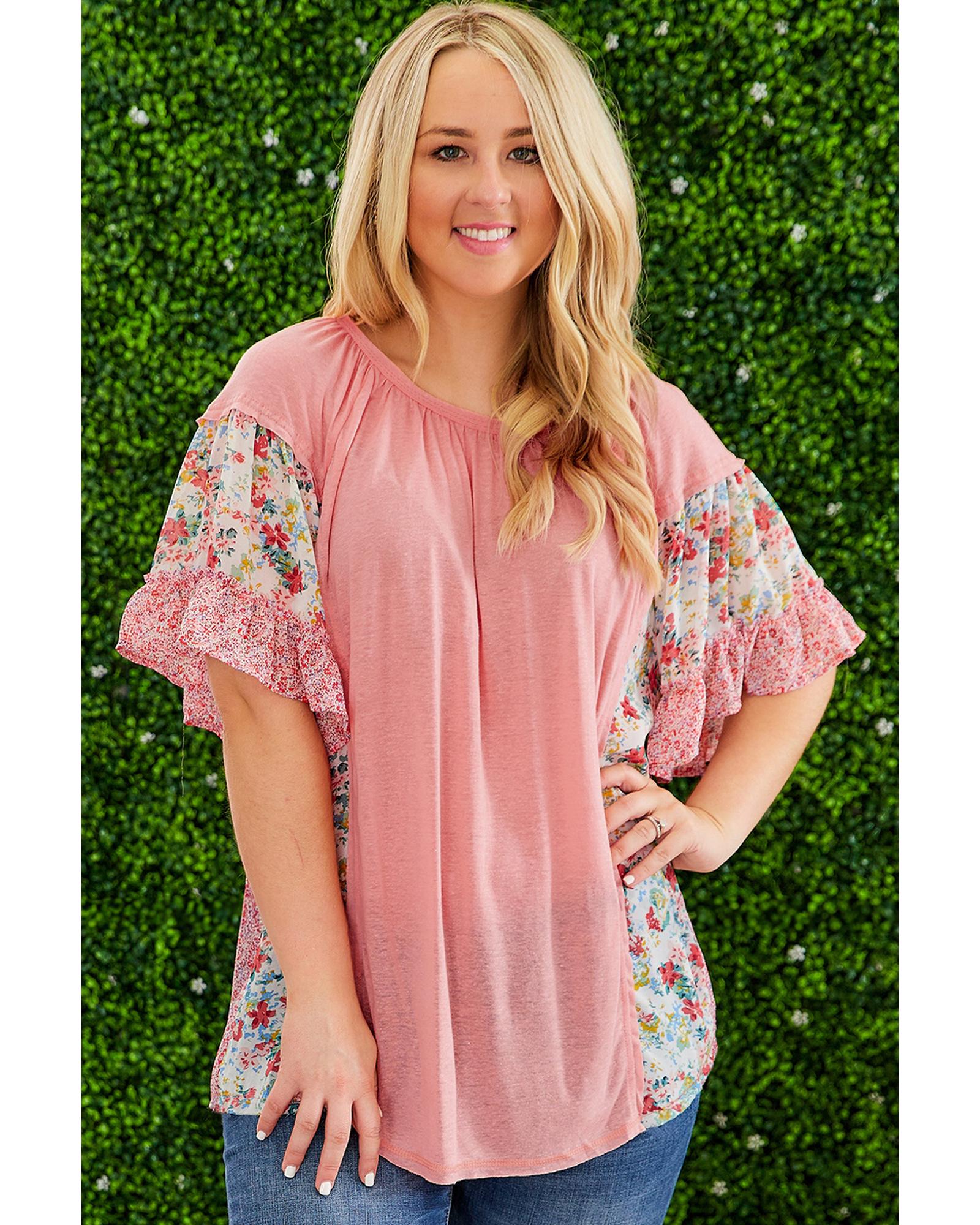 Pink Plus Size Floral Patchwork Ruffled Short Sleeve Blouse - 4X