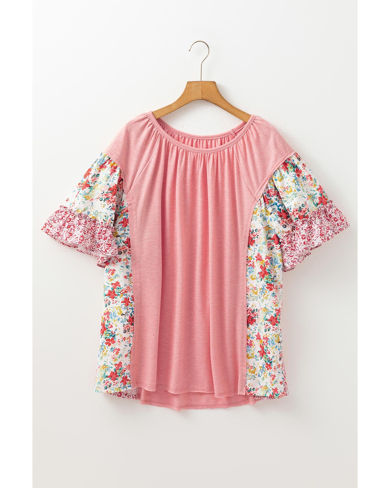 Pink Plus Size Floral Patchwork Ruffled Short Sleeve Blouse - 4X