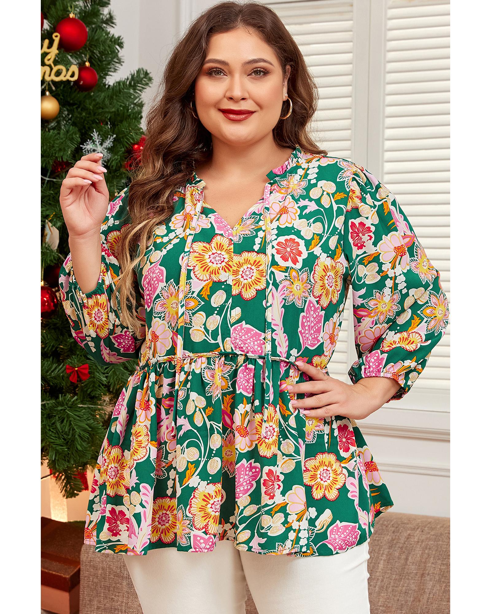 Green Floral Tied V Neck Long Sleeve Plus Size Babydoll Top - 1X