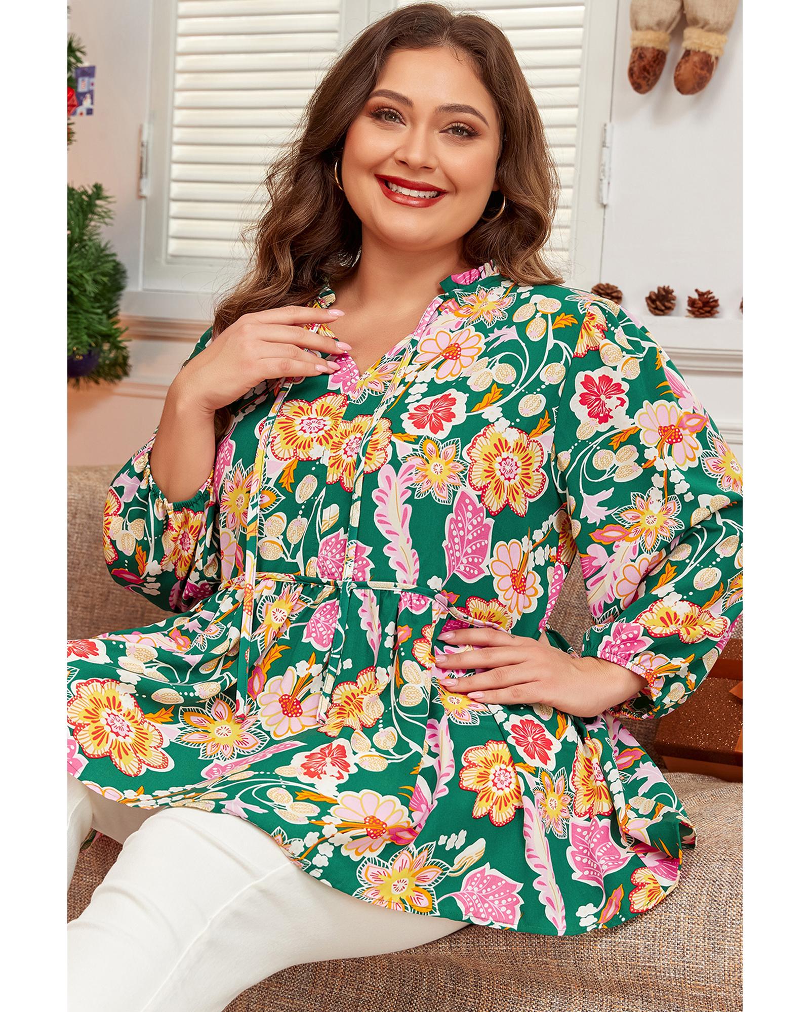 Green Floral Tied V Neck Long Sleeve Plus Size Babydoll Top - 1X
