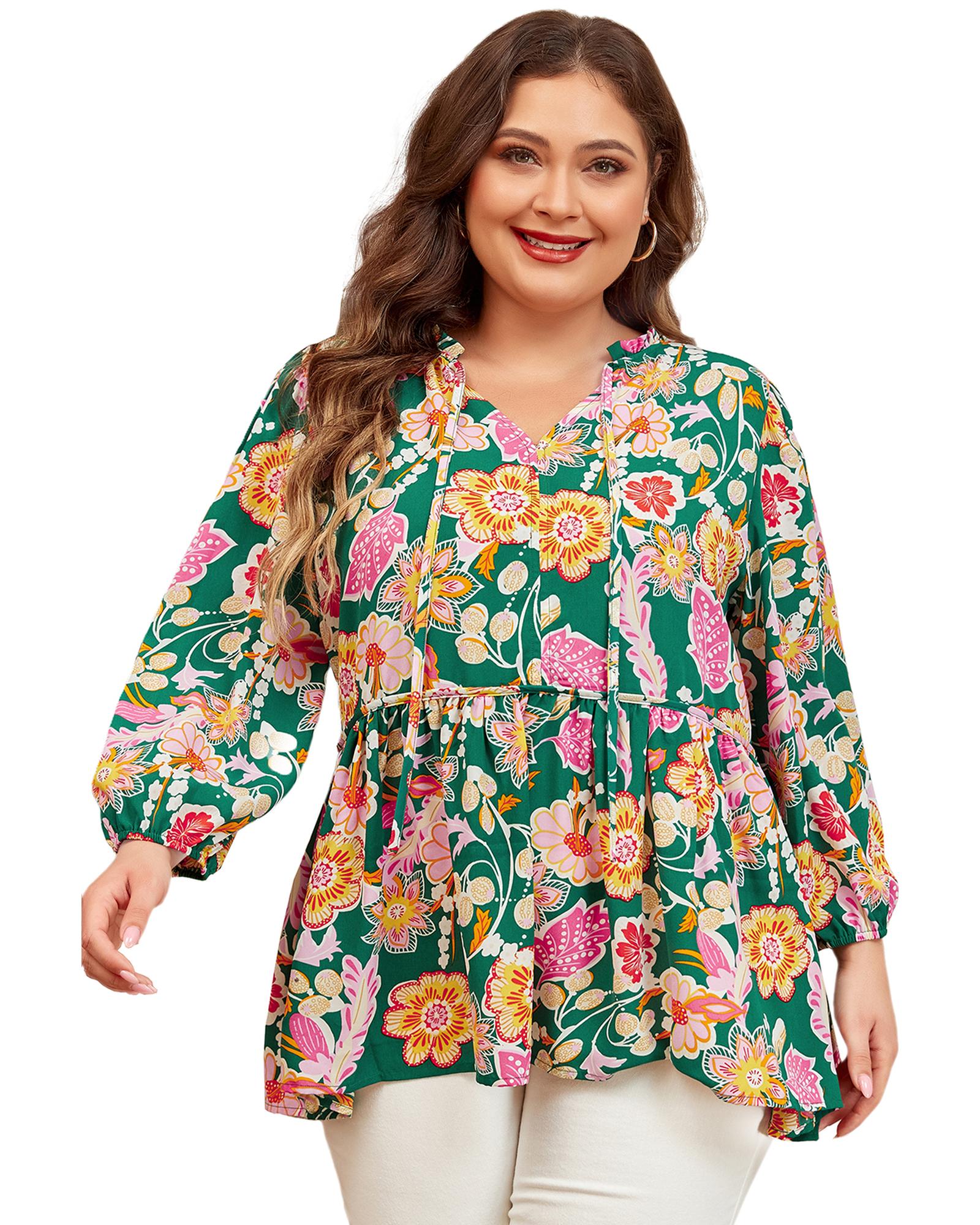 Green Floral Tied V Neck Long Sleeve Plus Size Babydoll Top - 3X