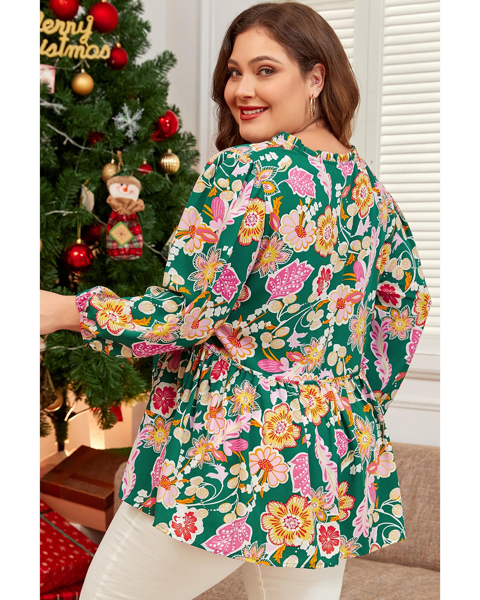 Green Floral Tied V Neck Long Sleeve Plus Size Babydoll Top - 3X