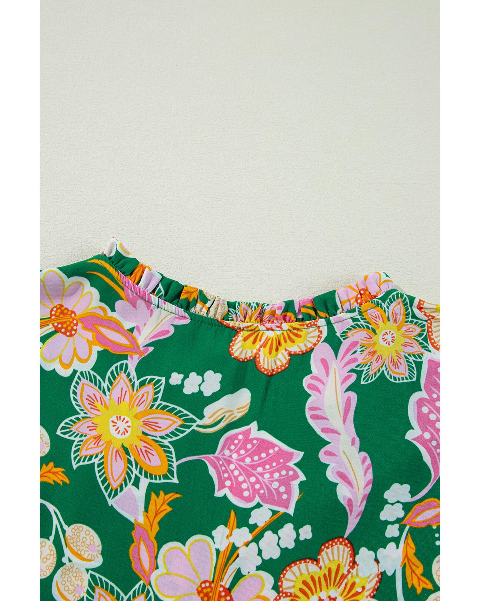 Green Floral Tied V Neck Long Sleeve Plus Size Babydoll Top - 4X