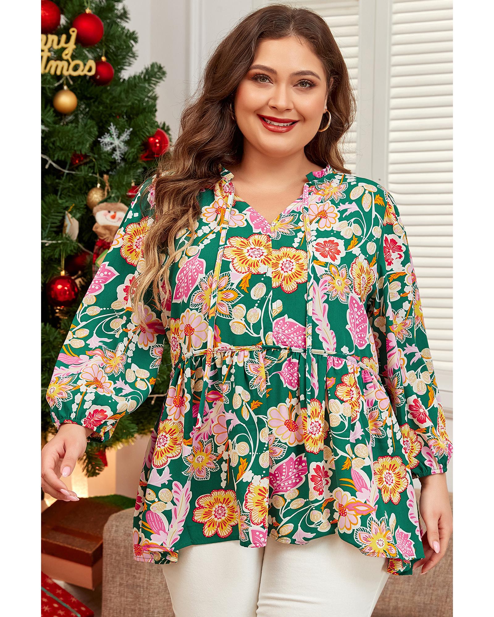 Green Floral Tied V Neck Long Sleeve Plus Size Babydoll Top - 4X
