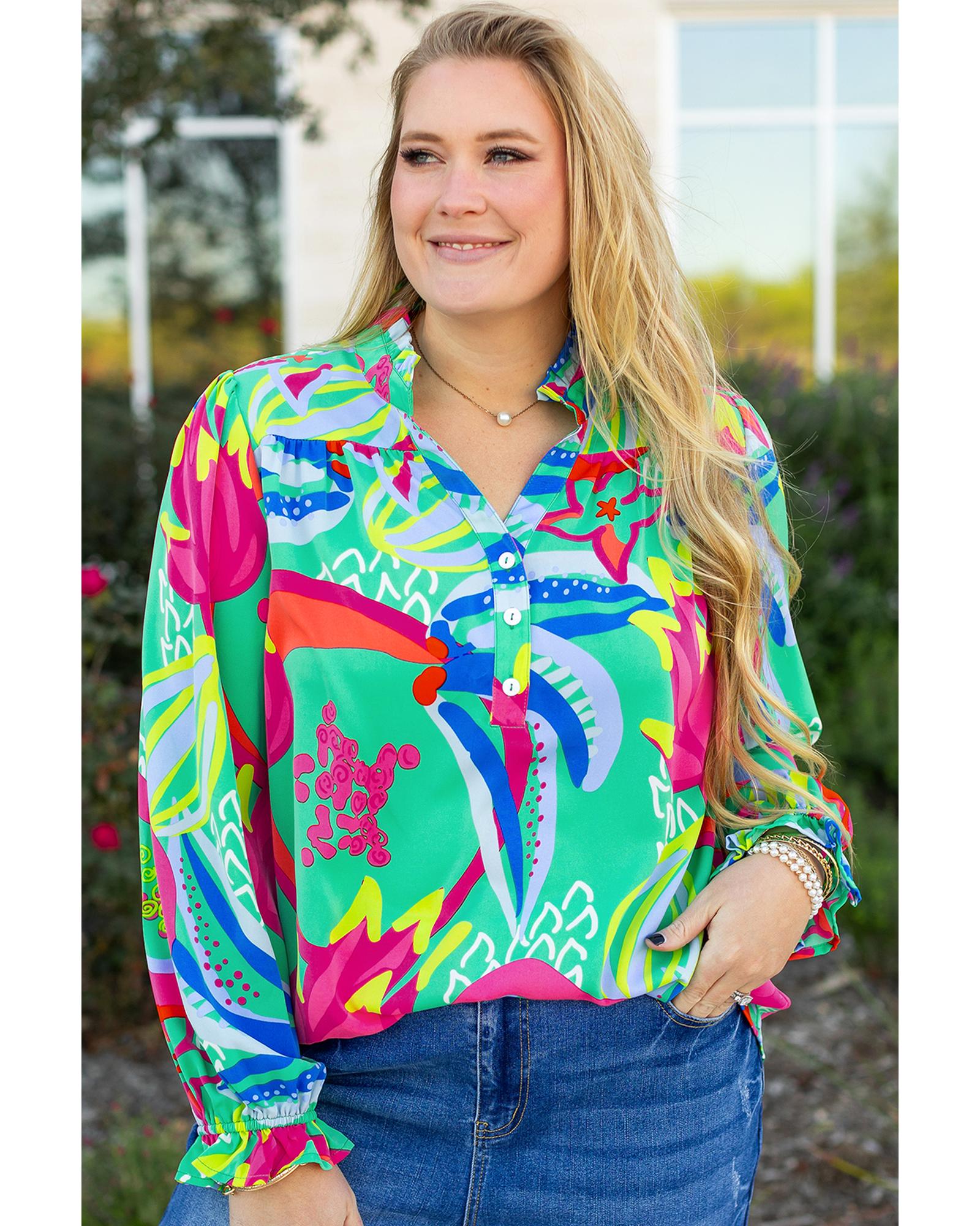 Green Abstract Printed Flounce Sleeve V Neck Buttoned Plus Size Blouse - 1X