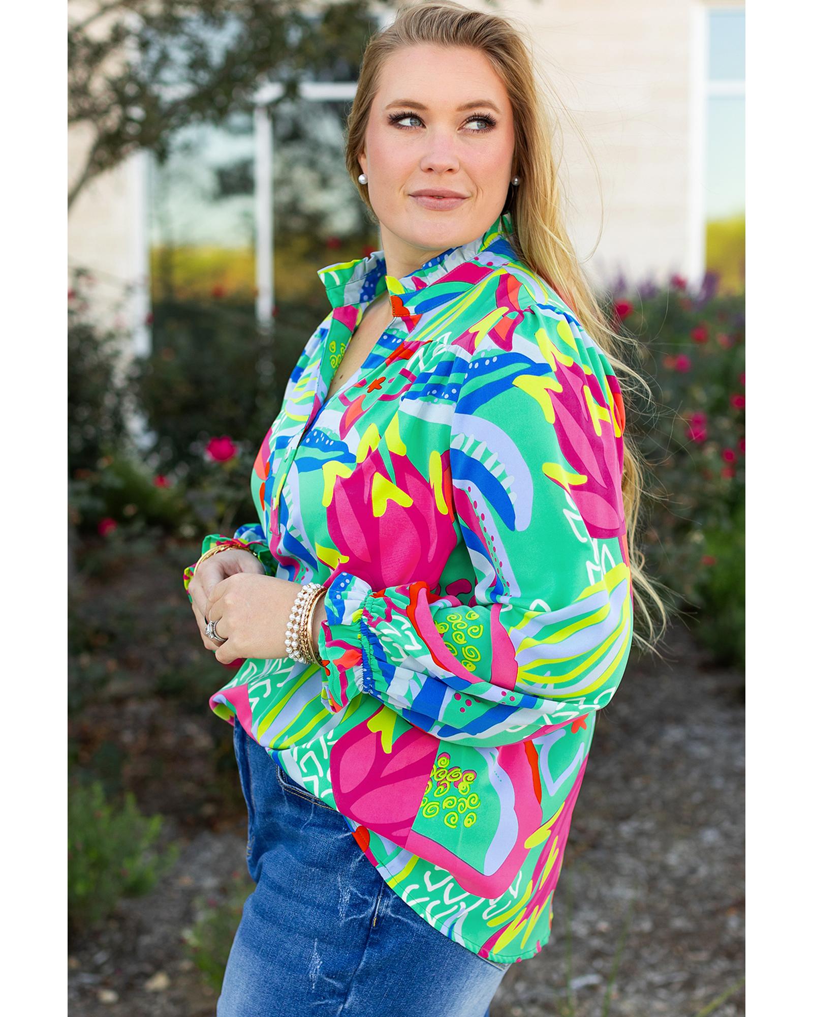 Green Abstract Printed Flounce Sleeve V Neck Buttoned Plus Size Blouse - 1X
