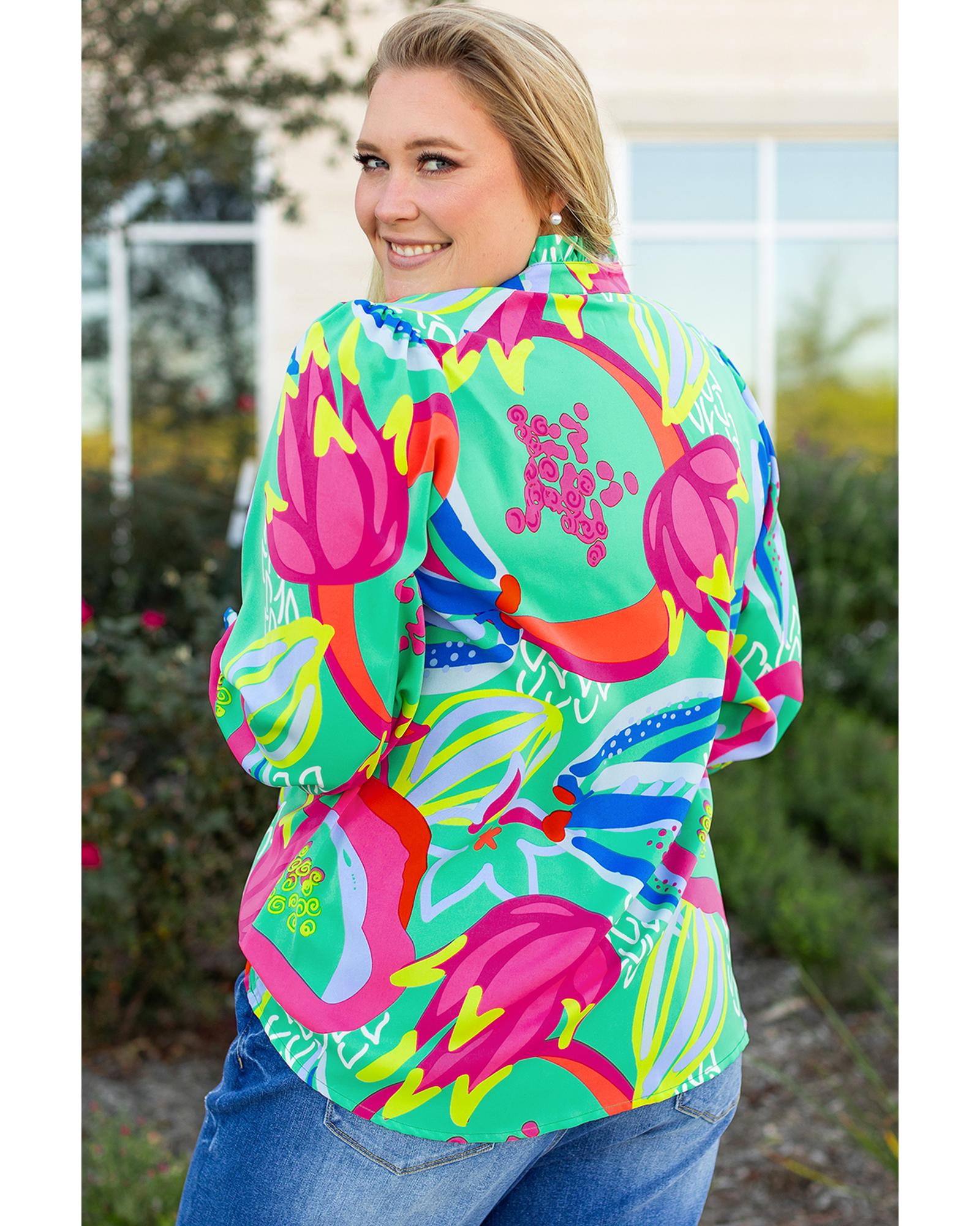 Green Abstract Printed Flounce Sleeve V Neck Buttoned Plus Size Blouse - 1X