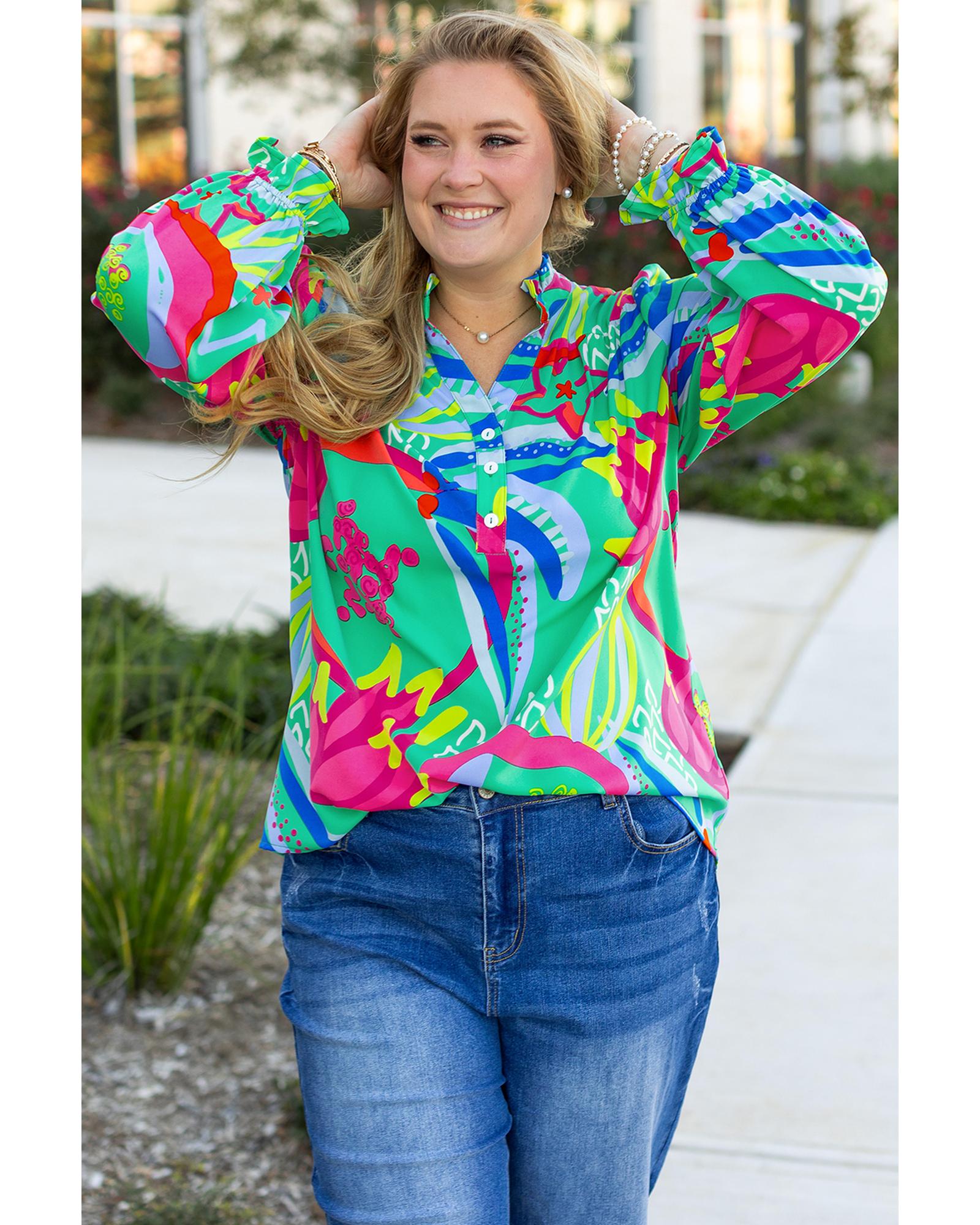 Green Abstract Printed Flounce Sleeve V Neck Buttoned Plus Size Blouse - 1X