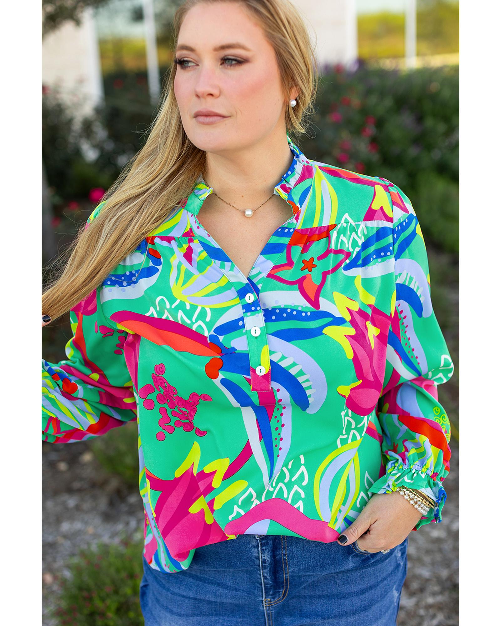 Green Abstract Printed Flounce Sleeve V Neck Buttoned Plus Size Blouse - 3X