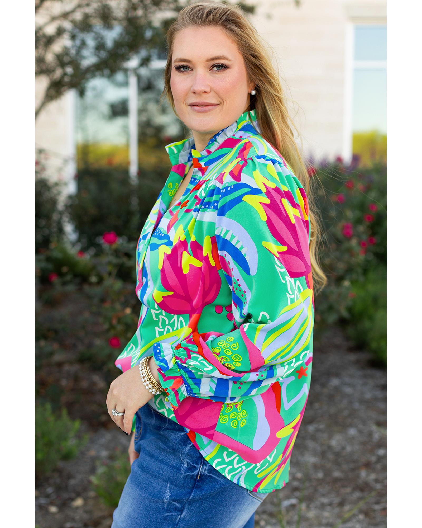 Green Abstract Printed Flounce Sleeve V Neck Buttoned Plus Size Blouse - 3X