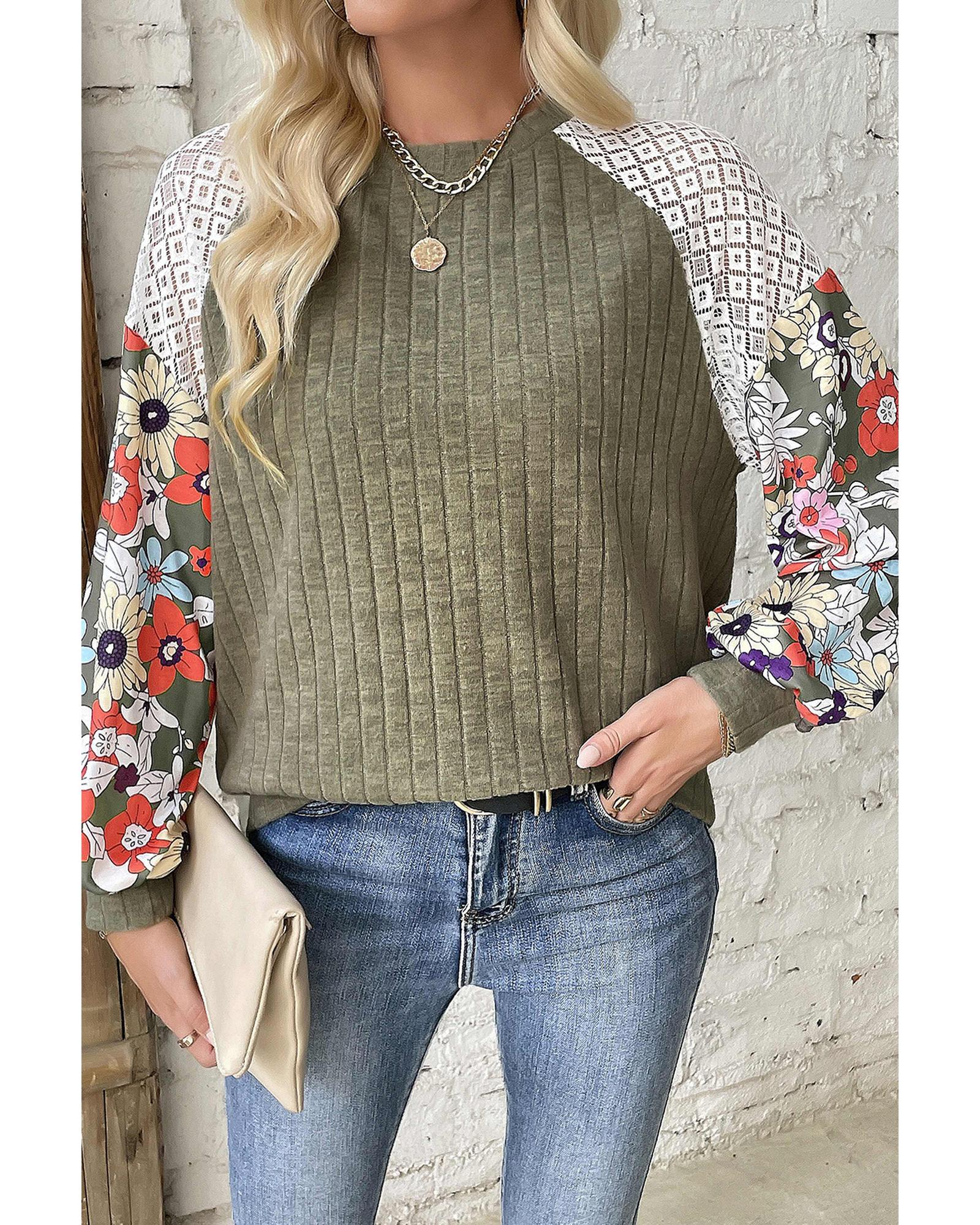 Vineyard Green Plus Size Textured Floral Patchwork Raglan Sleeve Blouse - 2X
