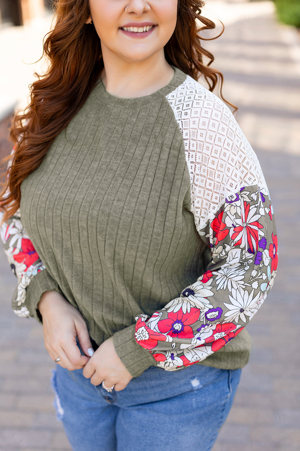 Vineyard Green Plus Size Textured Floral Patchwork Raglan Sleeve Blouse - 3X