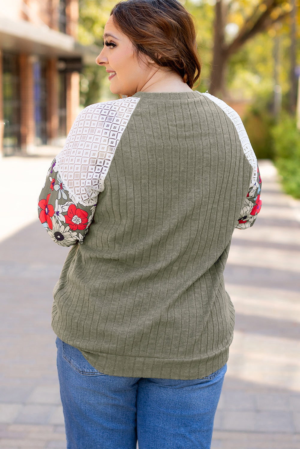 Vineyard Green Plus Size Textured Floral Patchwork Raglan Sleeve Blouse - 3X
