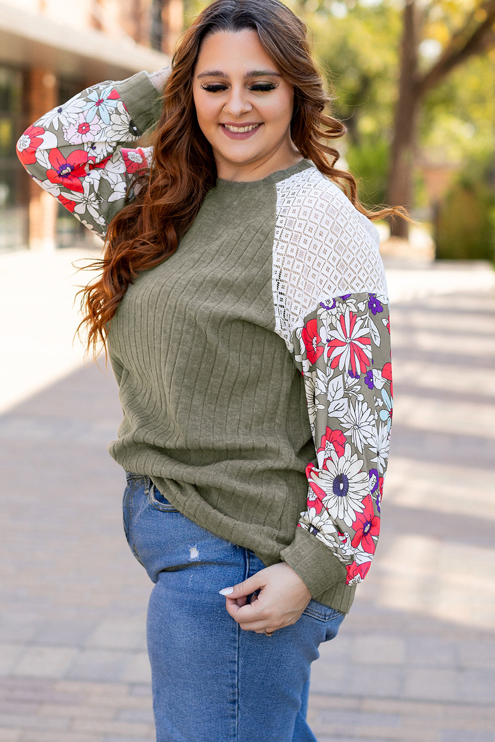Vineyard Green Plus Size Textured Floral Patchwork Raglan Sleeve Blouse - 4X