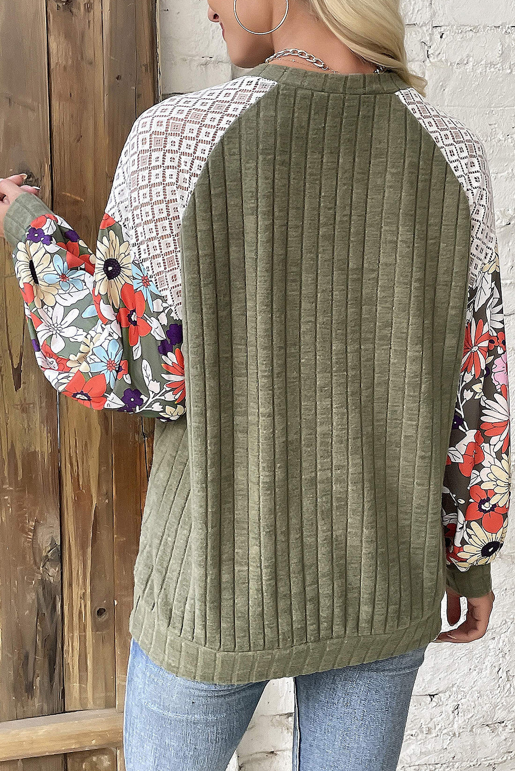 Vineyard Green Plus Size Textured Floral Patchwork Raglan Sleeve Blouse - 4X