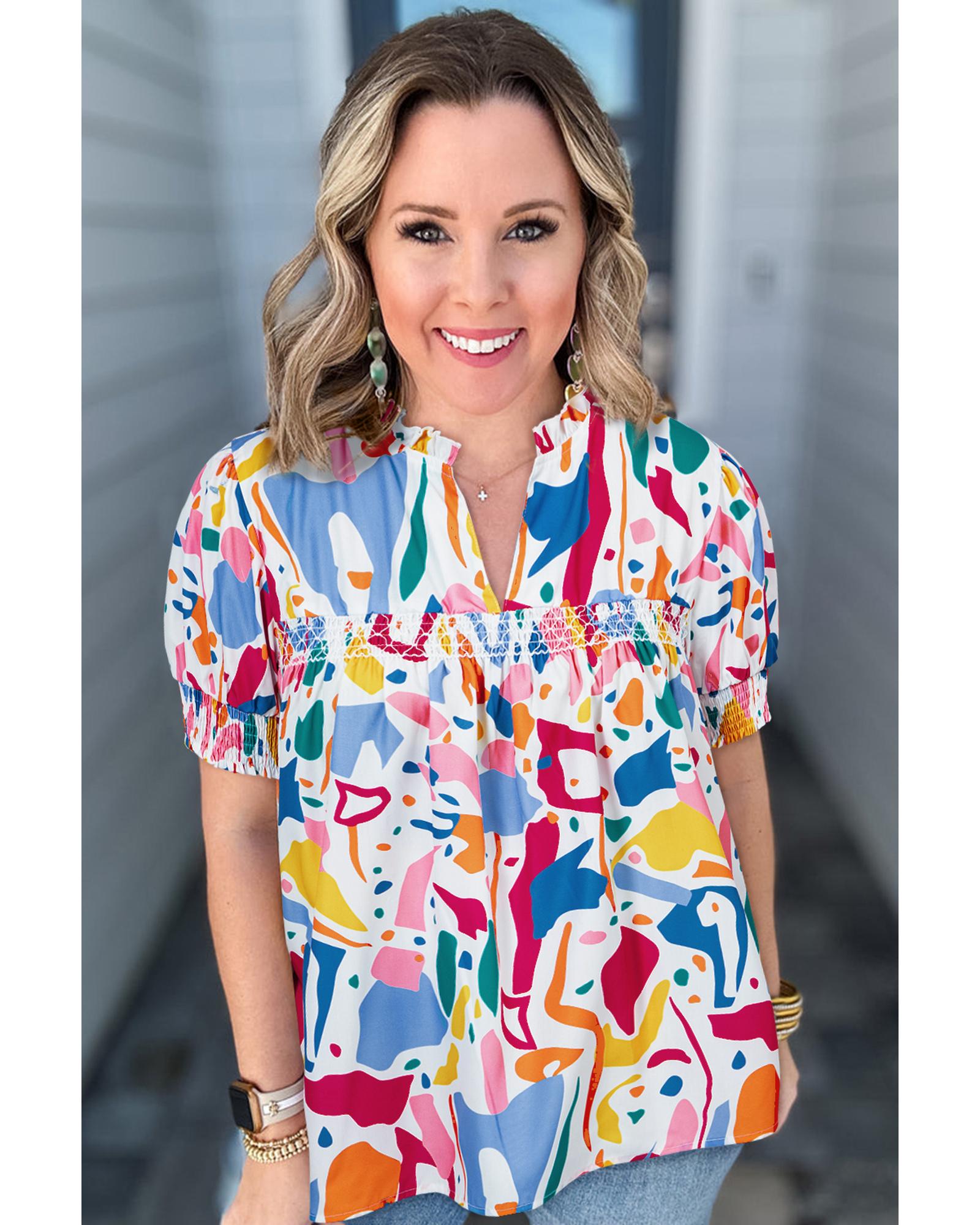 White Abstract Print Shirred Cuff Puff Sleeve Plus Size Blouse - 1X