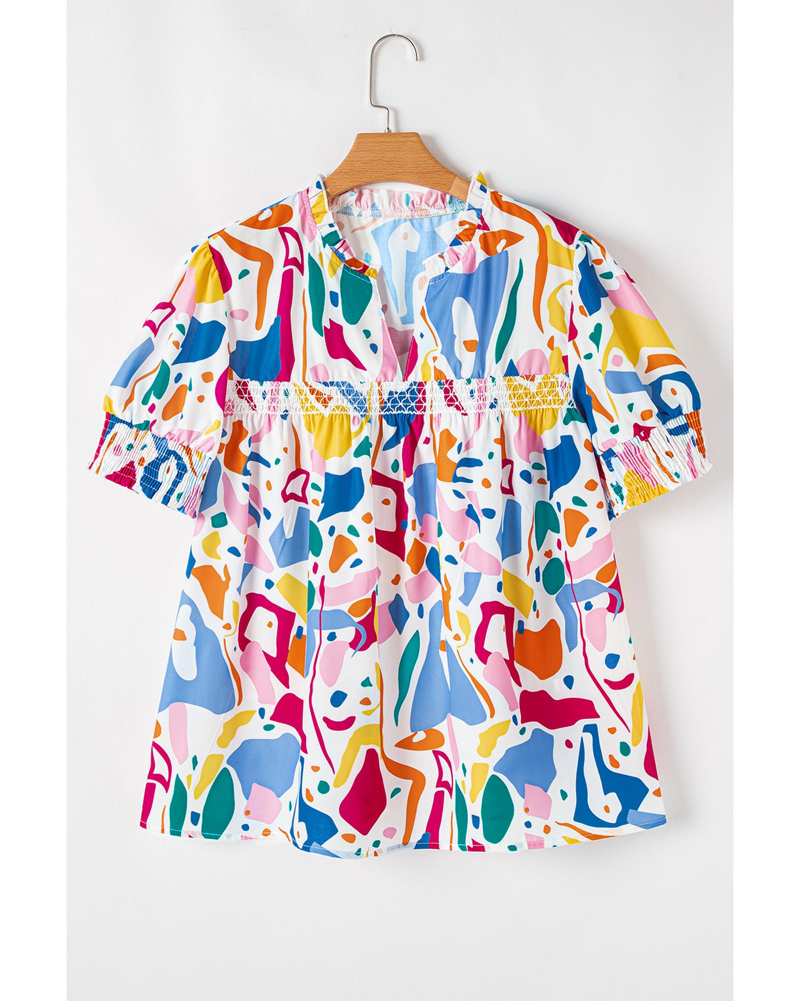 White Abstract Print Shirred Cuff Puff Sleeve Plus Size Blouse - 1X