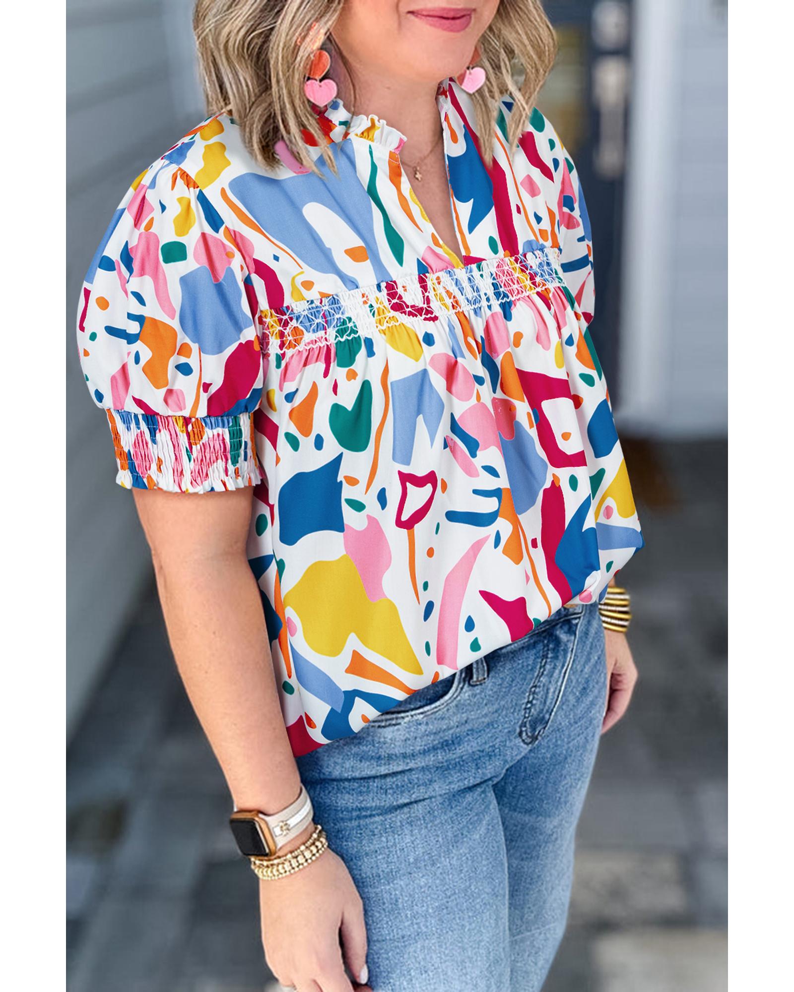 White Abstract Print Shirred Cuff Puff Sleeve Plus Size Blouse - 4X