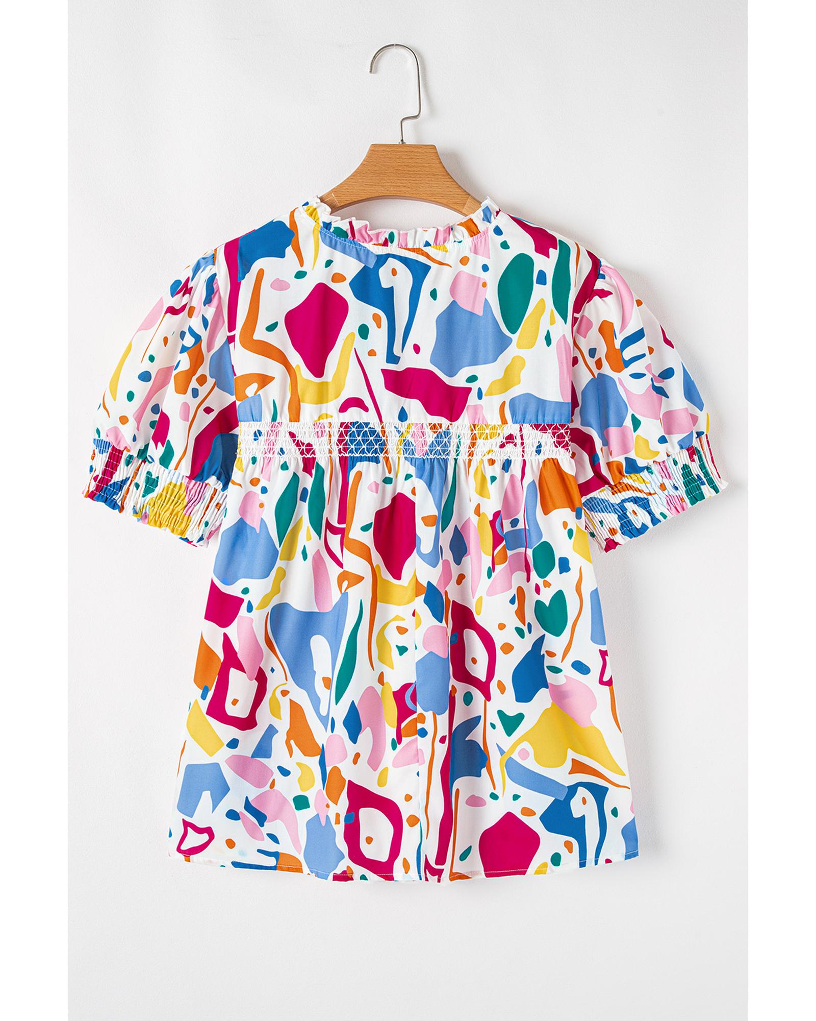 White Abstract Print Shirred Cuff Puff Sleeve Plus Size Blouse - 4X