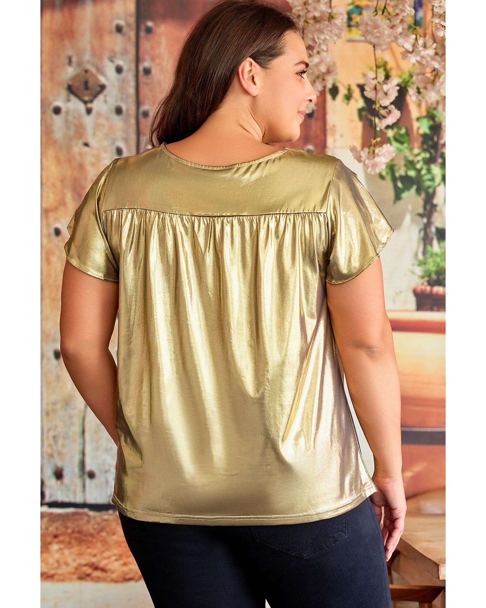 Gold Plus Size Floral Embroidered Short Sleeve Top - 1X