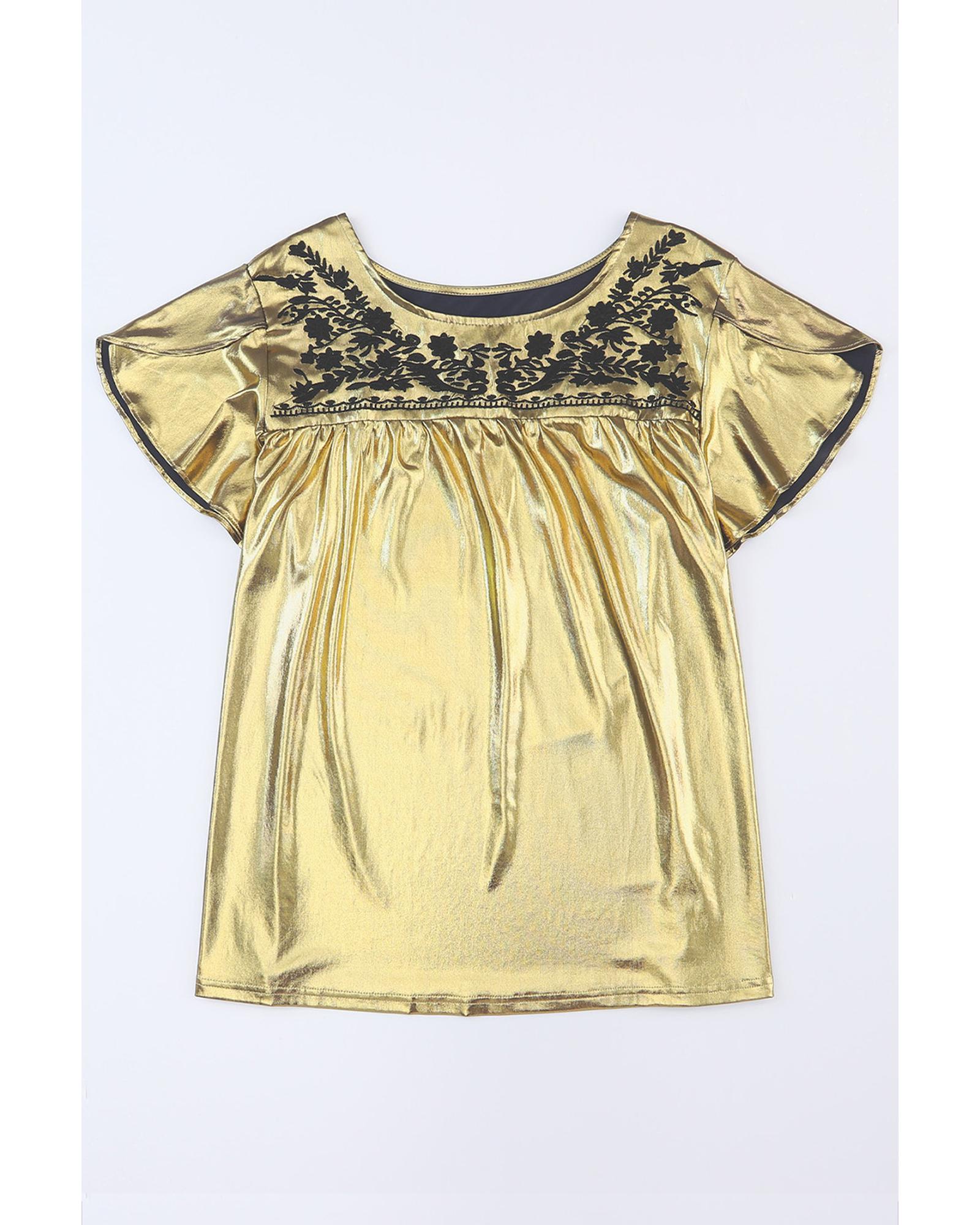 Gold Plus Size Floral Embroidered Short Sleeve Top - 1X