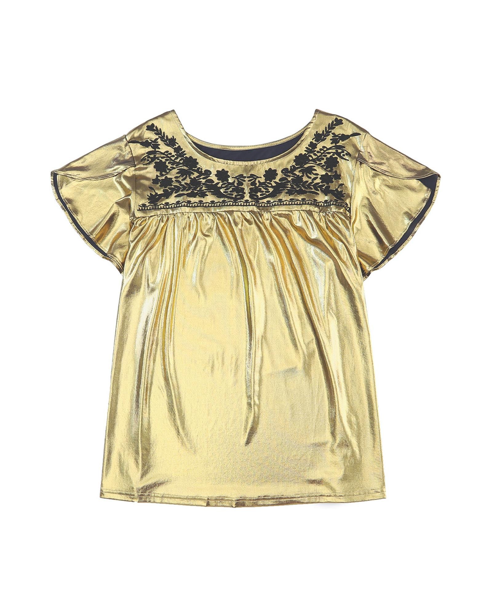 Gold Plus Size Floral Embroidered Short Sleeve Top - 2X