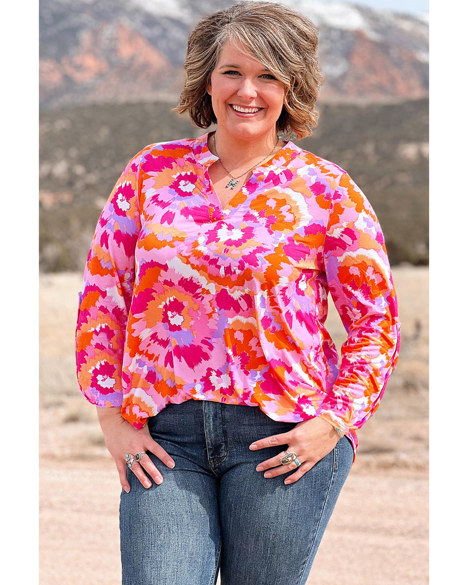 Pink Plus Size Abstract Floral Print V Neck Blouse - 3X