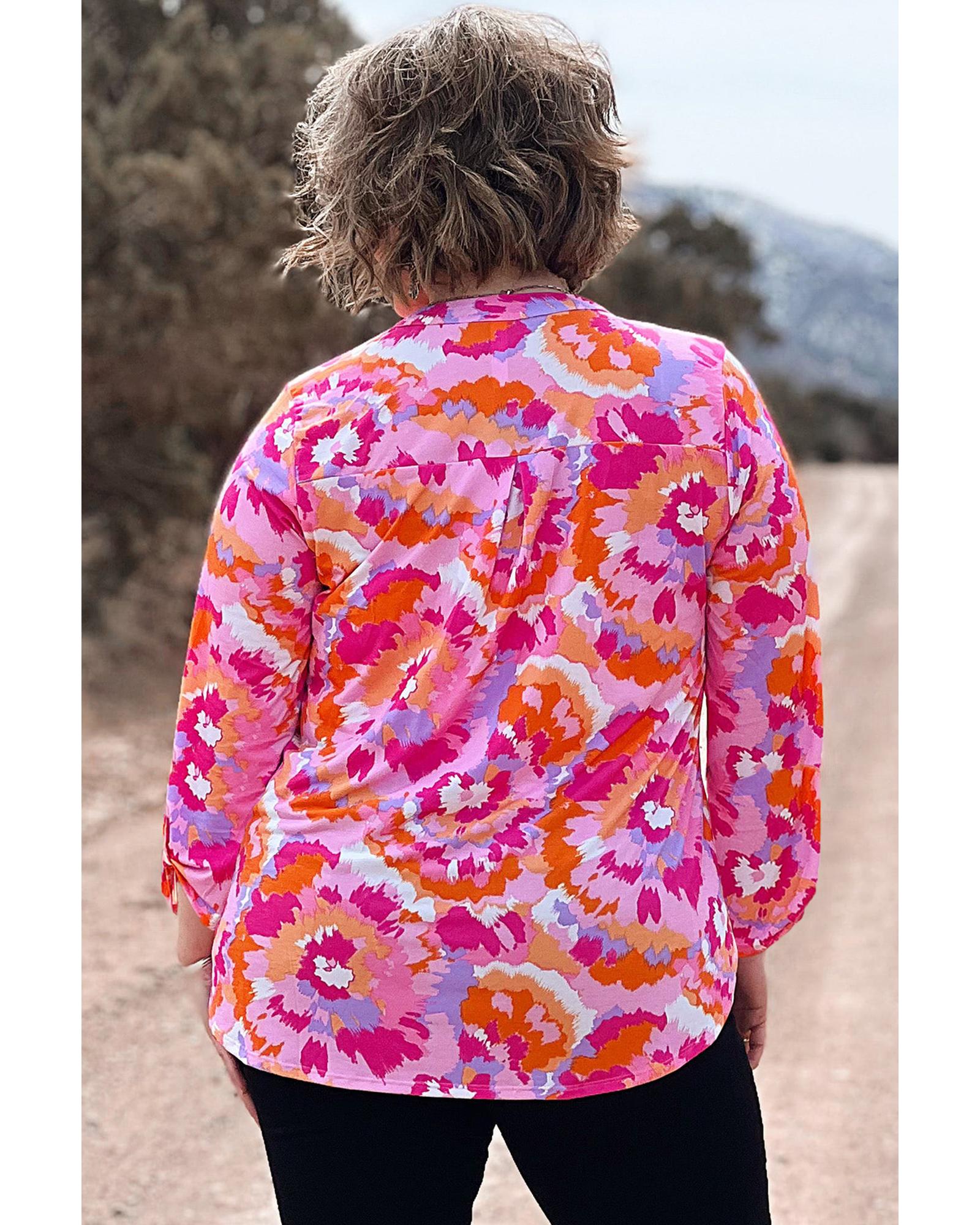 Pink Plus Size Abstract Floral Print V Neck Blouse - 3X