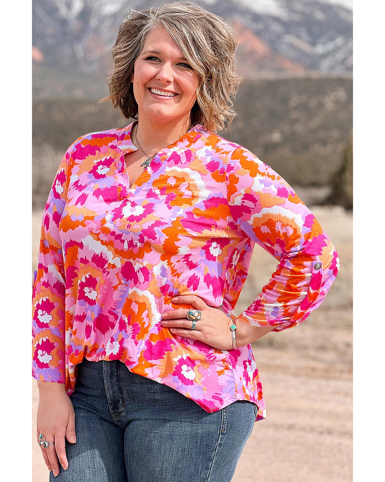 Pink Plus Size Abstract Floral Print V Neck Blouse - 3X