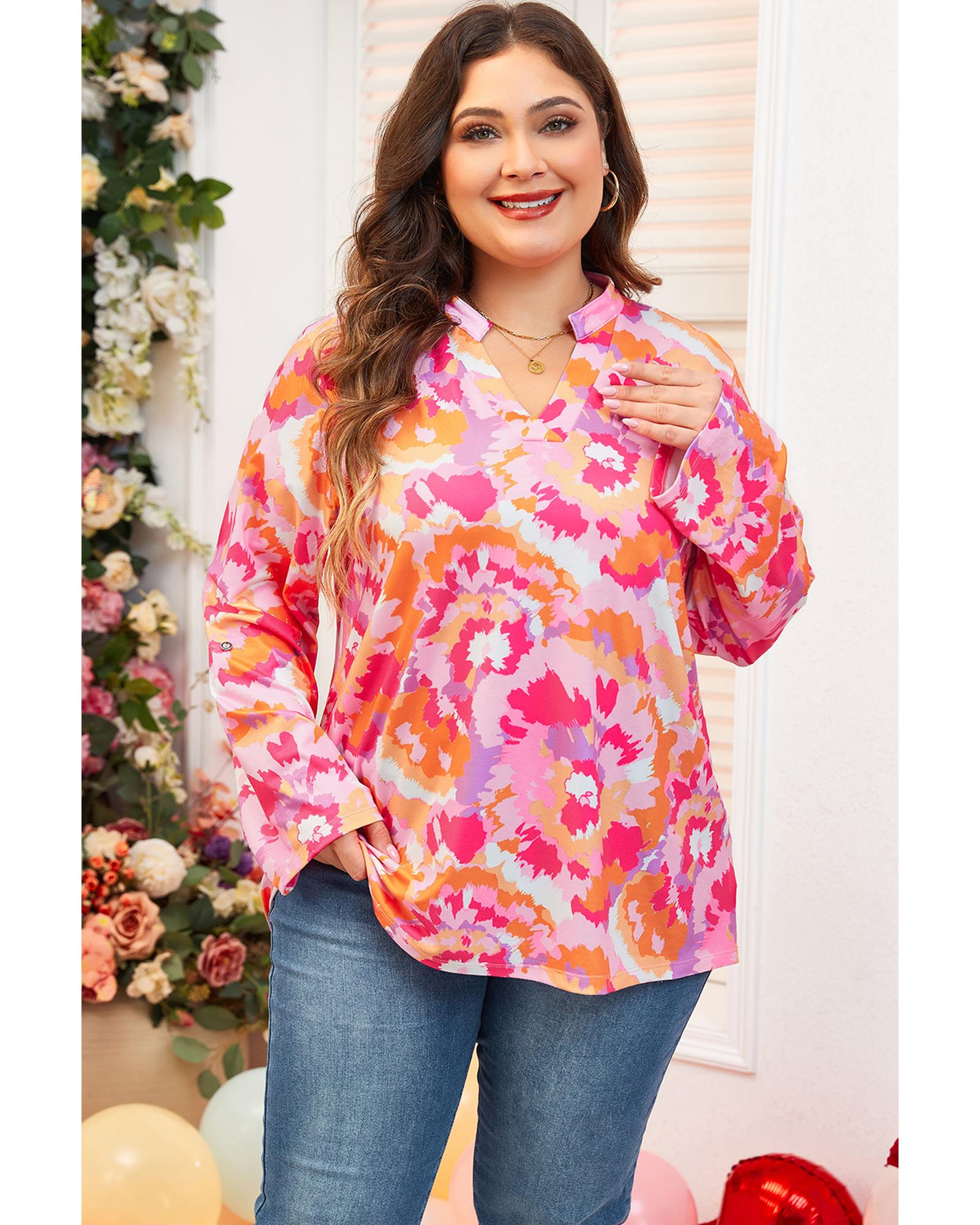 Pink Plus Size Abstract Floral Print V Neck Blouse - 3X