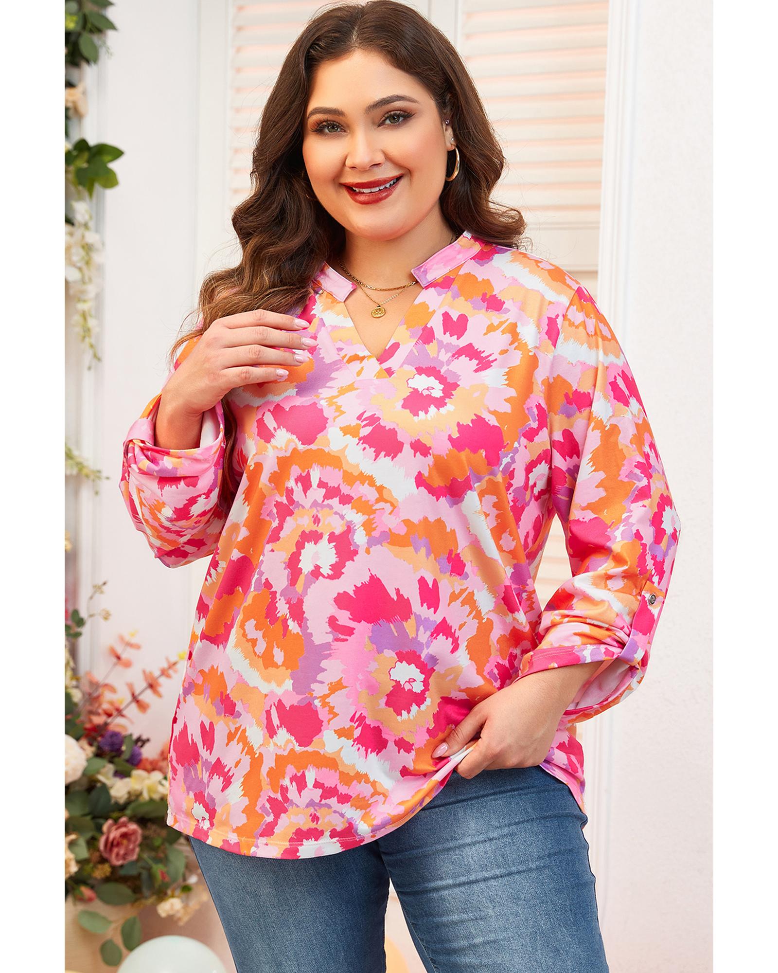 Pink Plus Size Abstract Floral Print V Neck Blouse - 3X