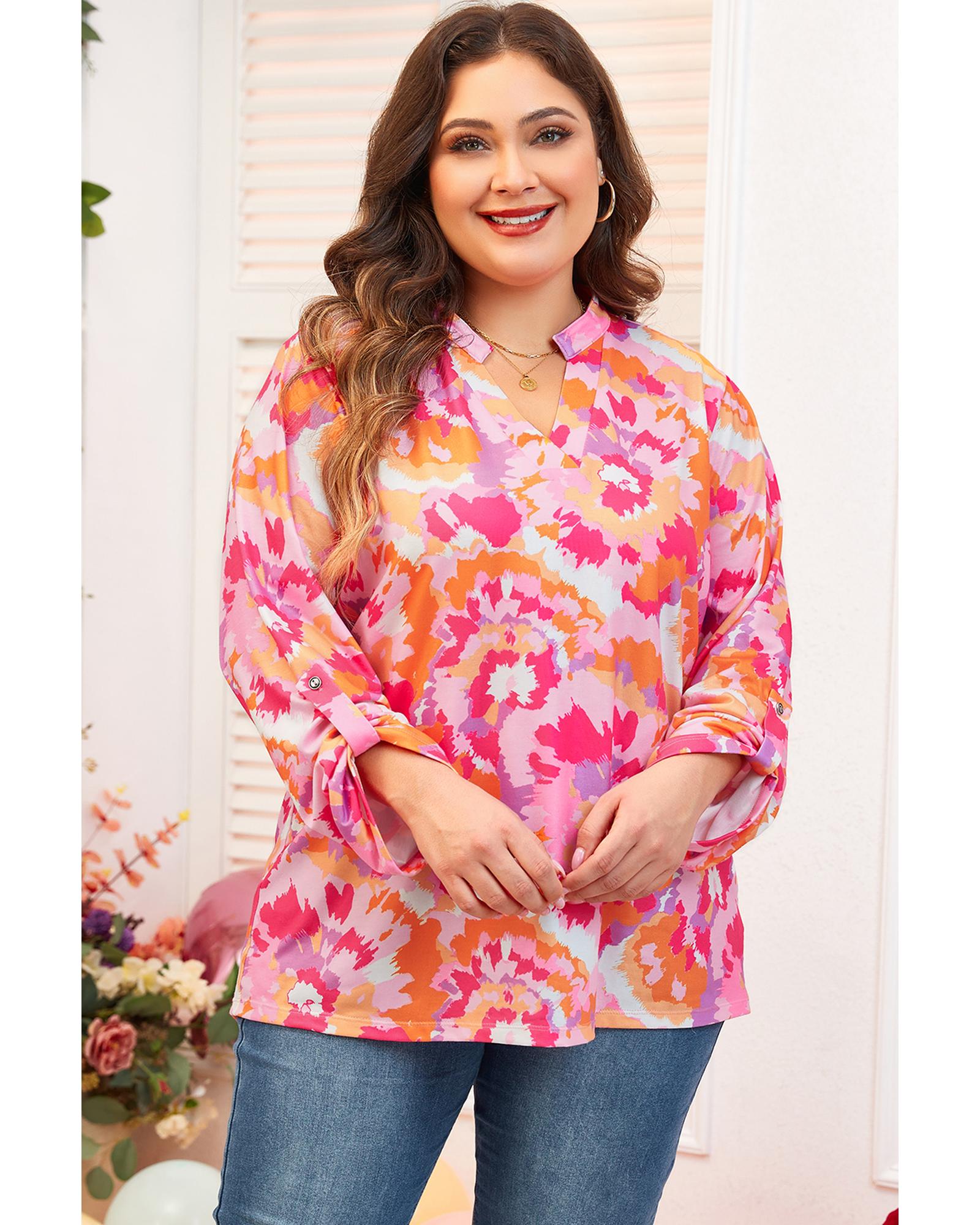 Pink Plus Size Abstract Floral Print V Neck Blouse - 3X