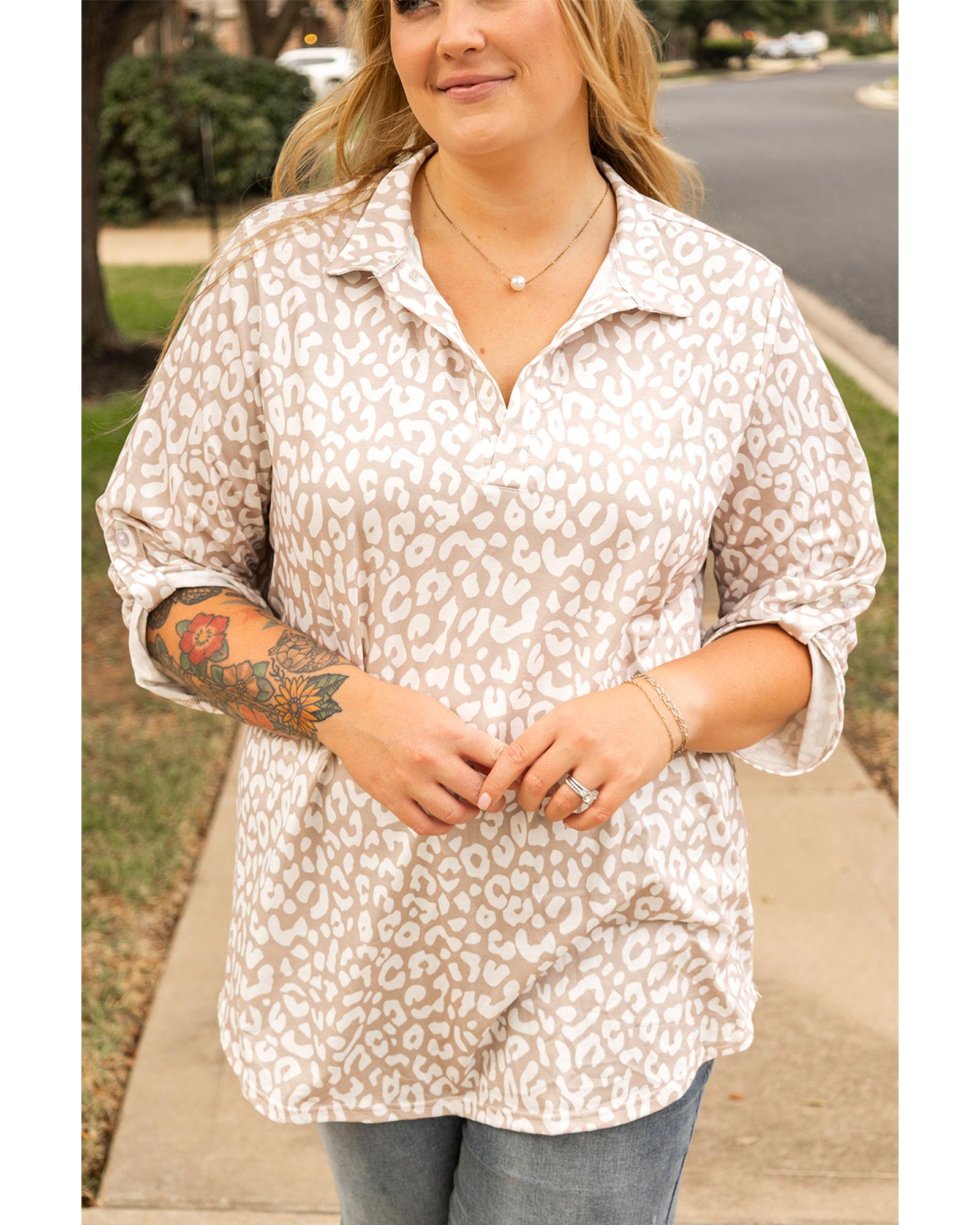 Apricot Leopard Tab Sleeve V Neck Plus Size Top - 1X