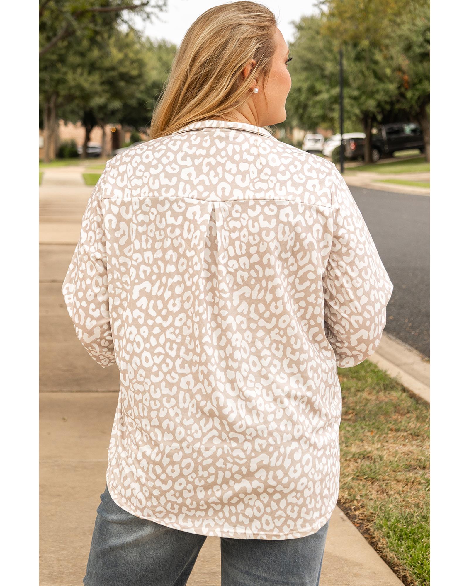 Apricot Leopard Tab Sleeve V Neck Plus Size Top - 2X
