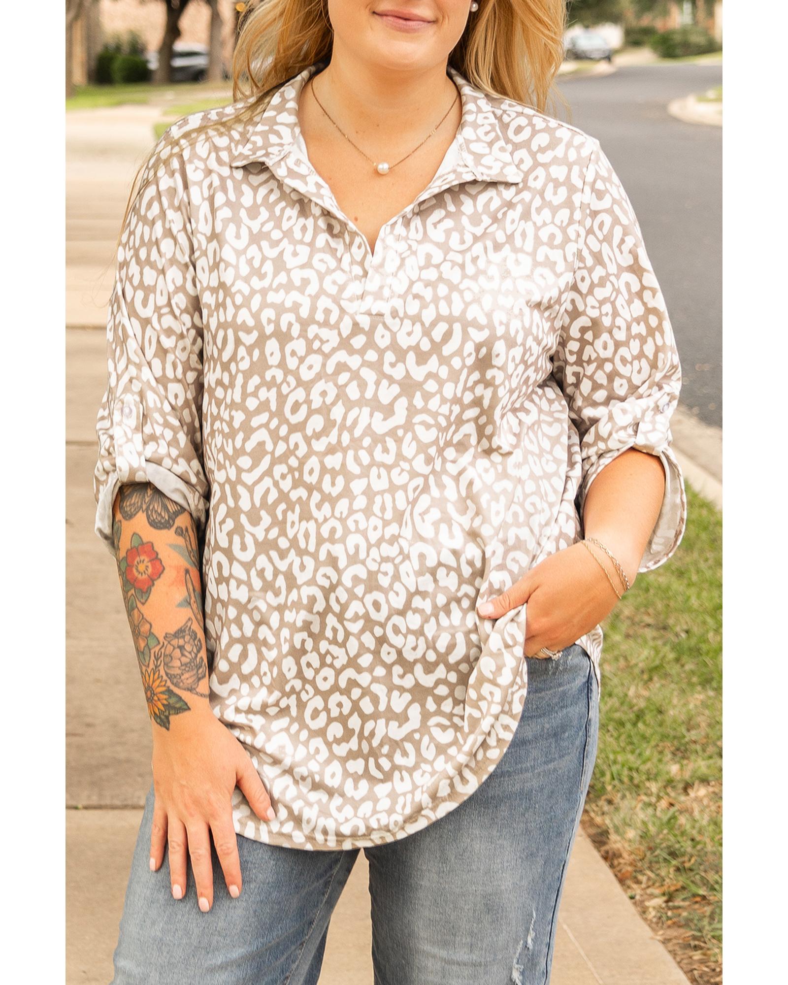 Apricot Leopard Tab Sleeve V Neck Plus Size Top - 2X