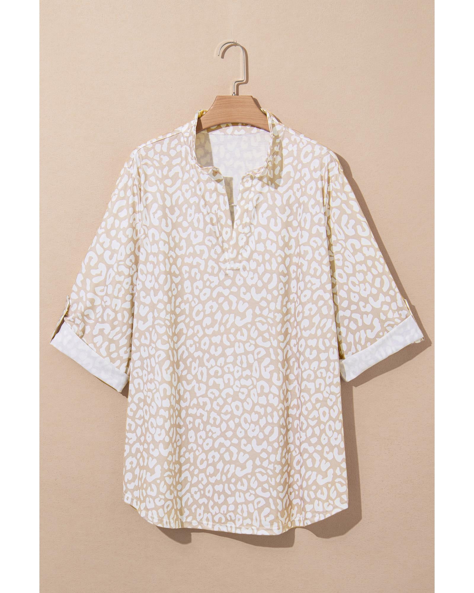 Apricot Leopard Tab Sleeve V Neck Plus Size Top - 2X