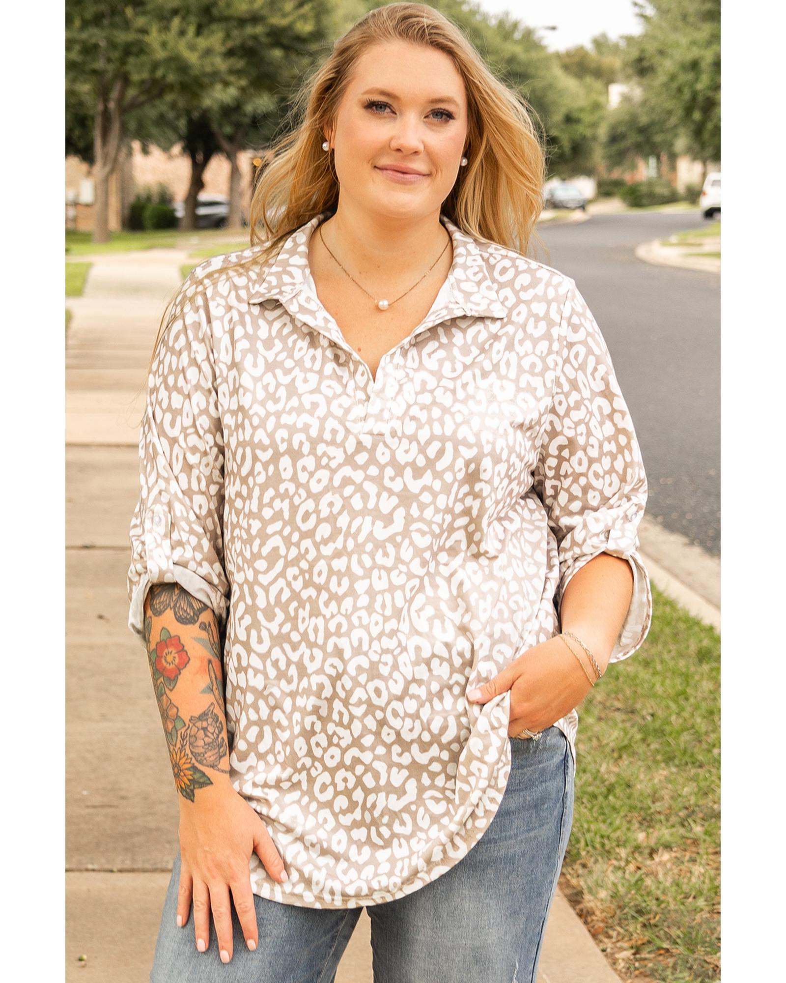 Apricot Leopard Tab Sleeve V Neck Plus Size Top - 3X