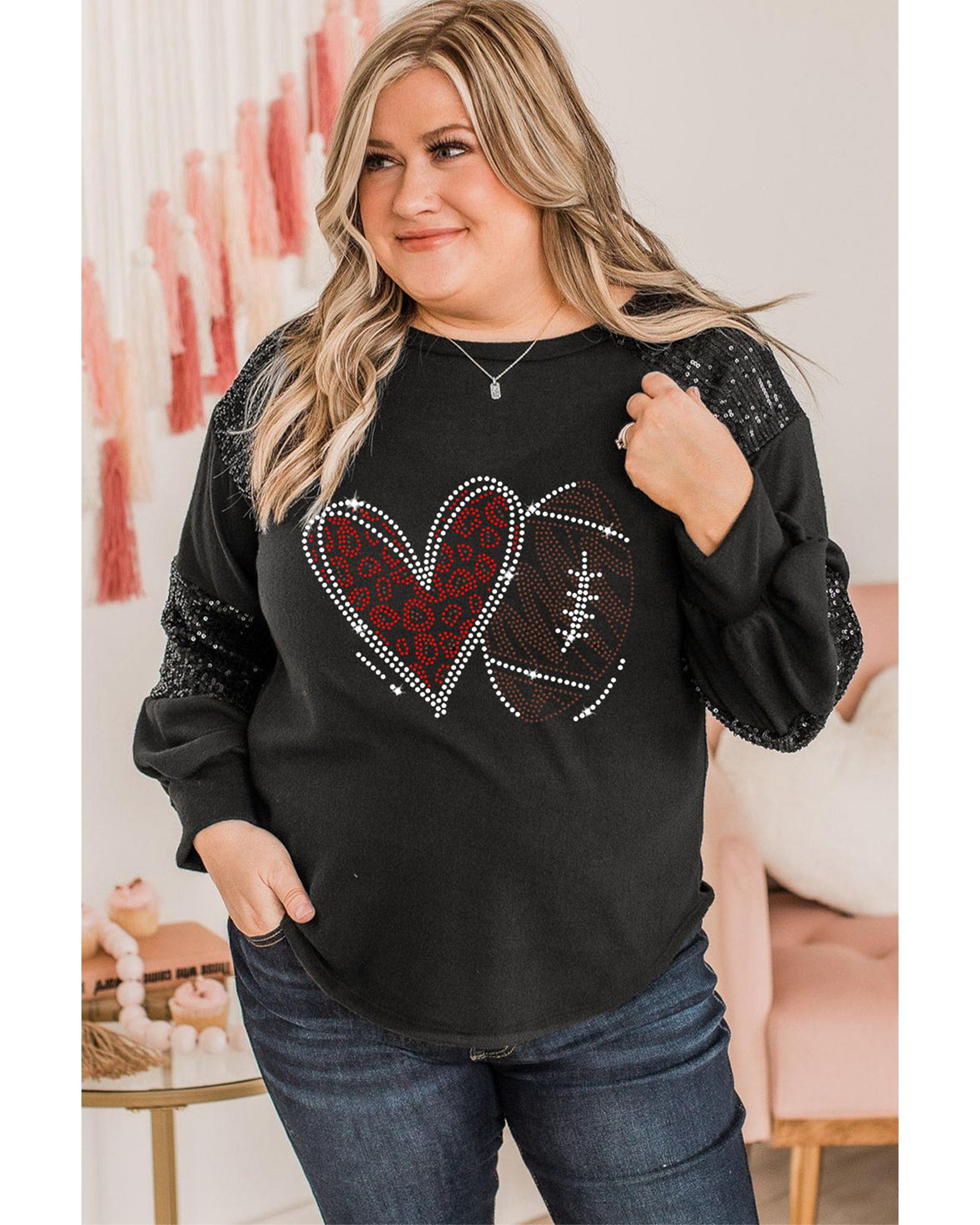 Black Rhinestone Heart Rugby Football Pattern Sequin Patched Sleeve Plus Size Top - 2X