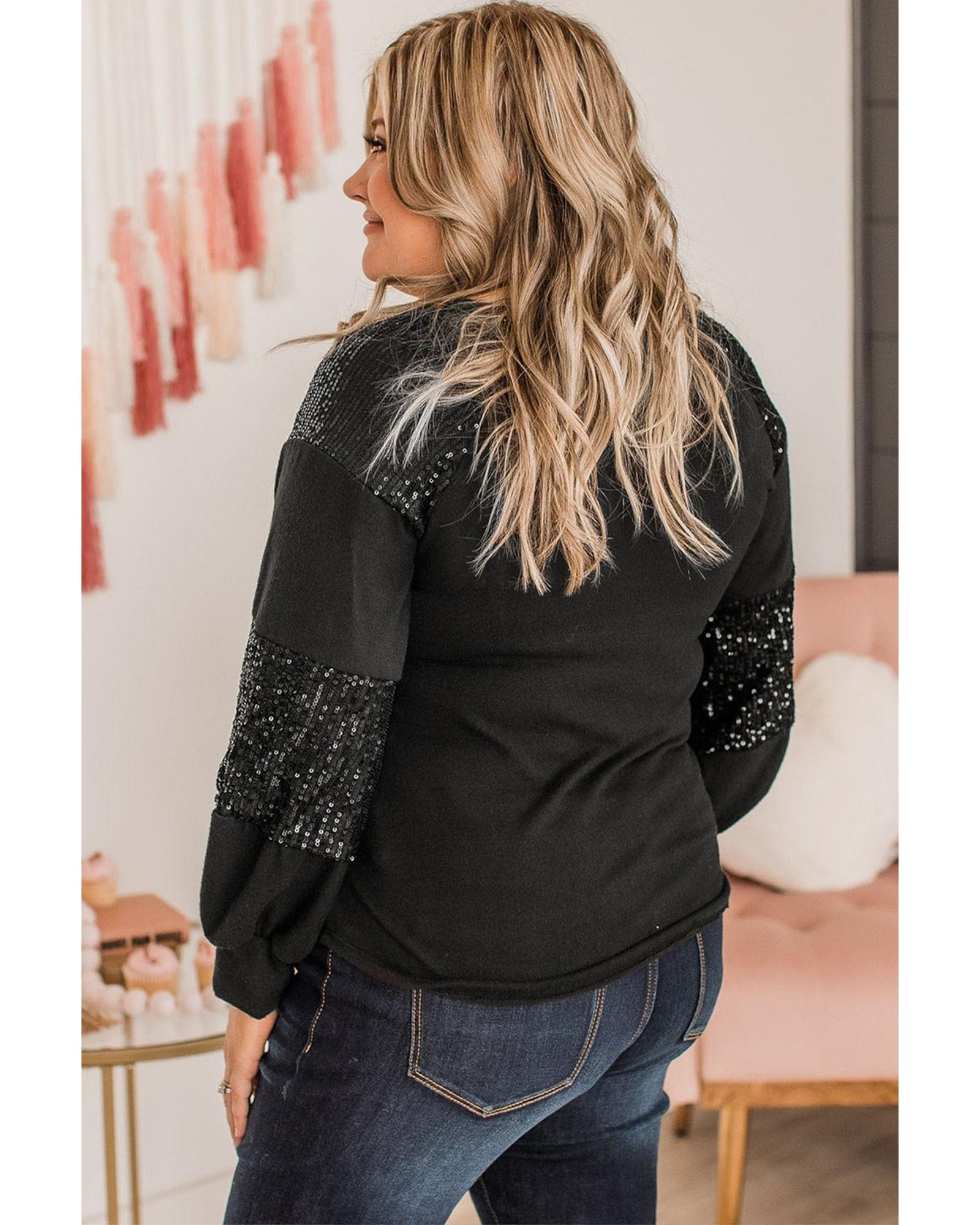 Black Rhinestone Heart Rugby Football Pattern Sequin Patched Sleeve Plus Size Top - 2X