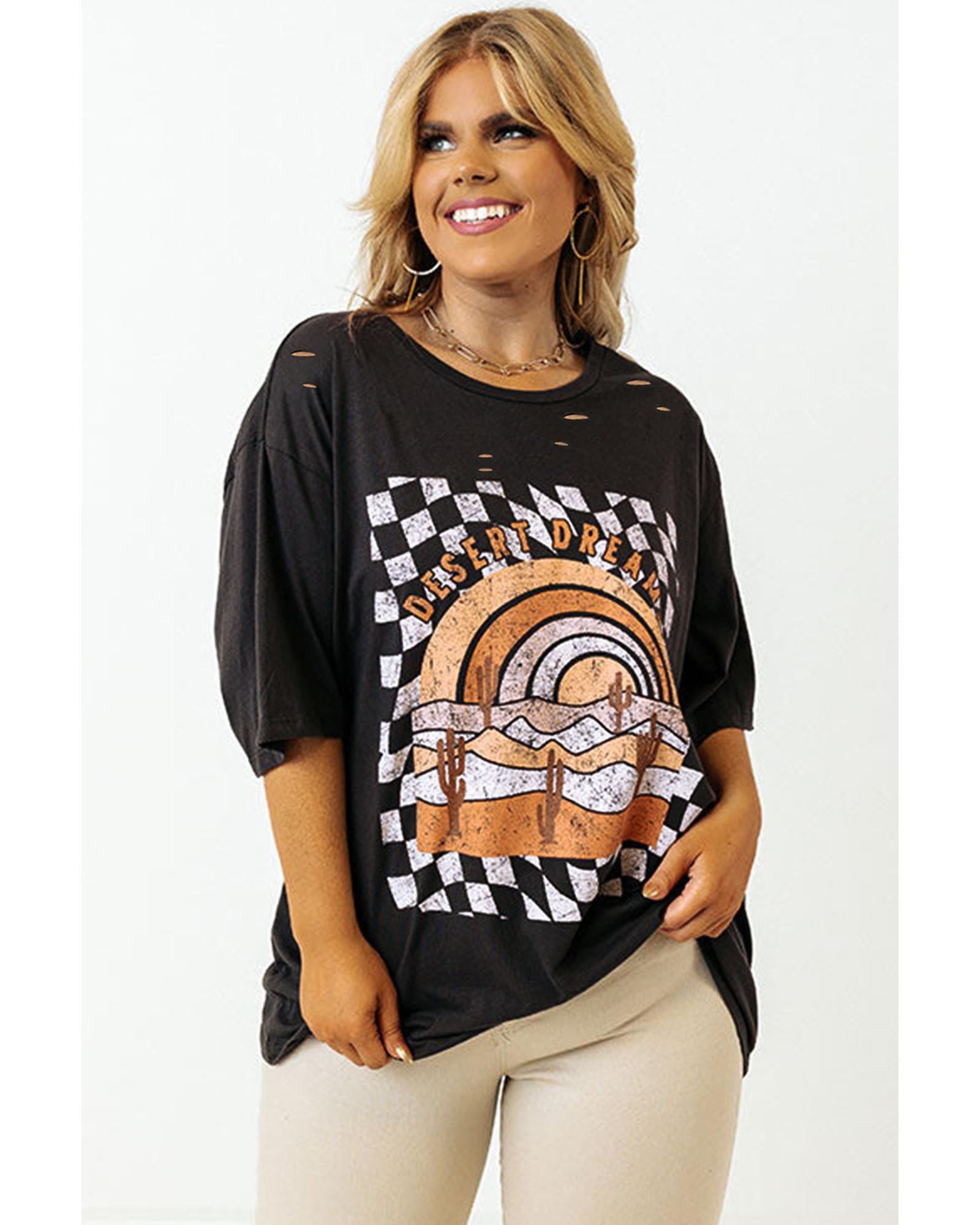 Black Checkerd DESERT DREAMS Printed Ripped Plus Size Tee - 1X