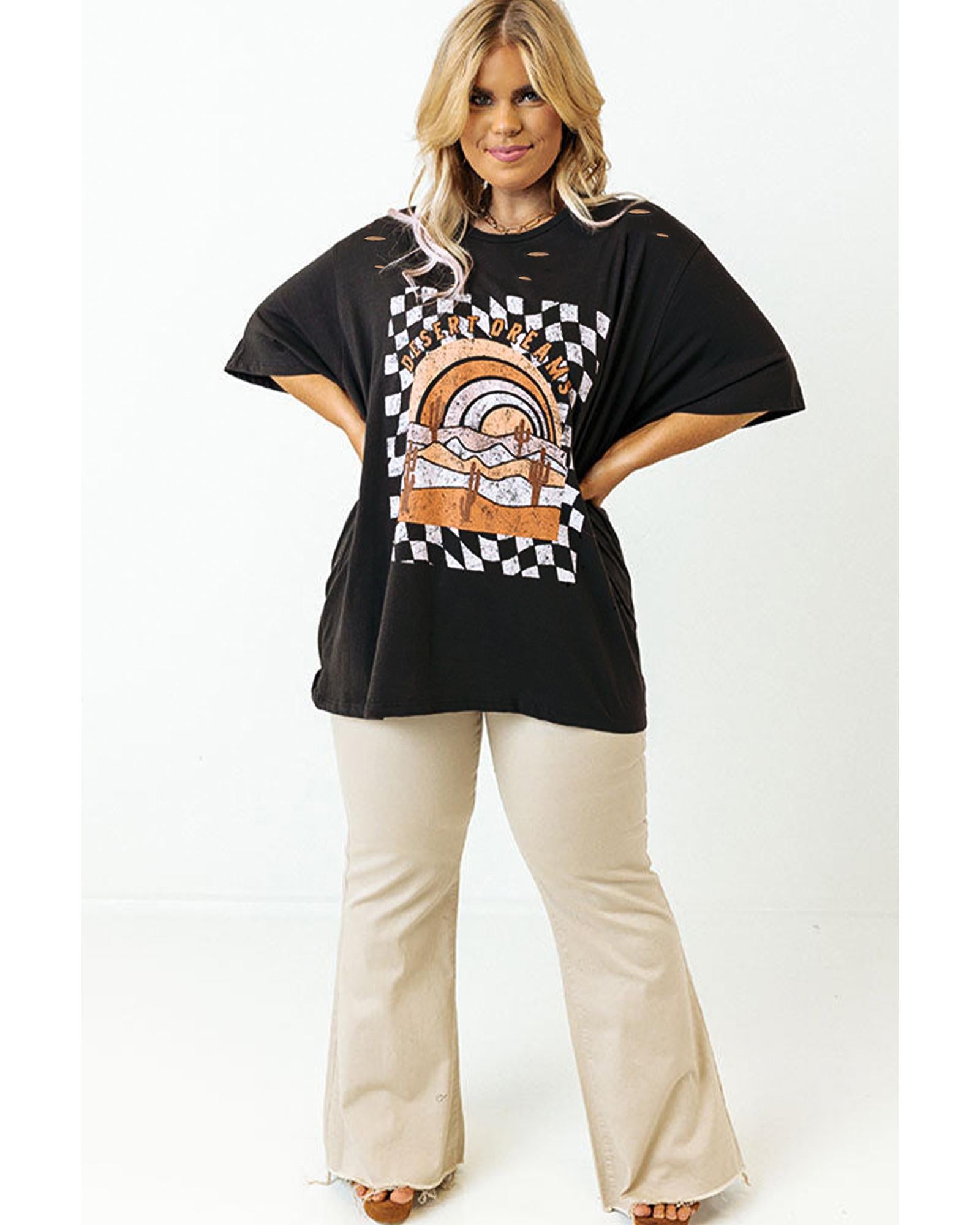 Black Checkerd DESERT DREAMS Printed Ripped Plus Size Tee - 1X