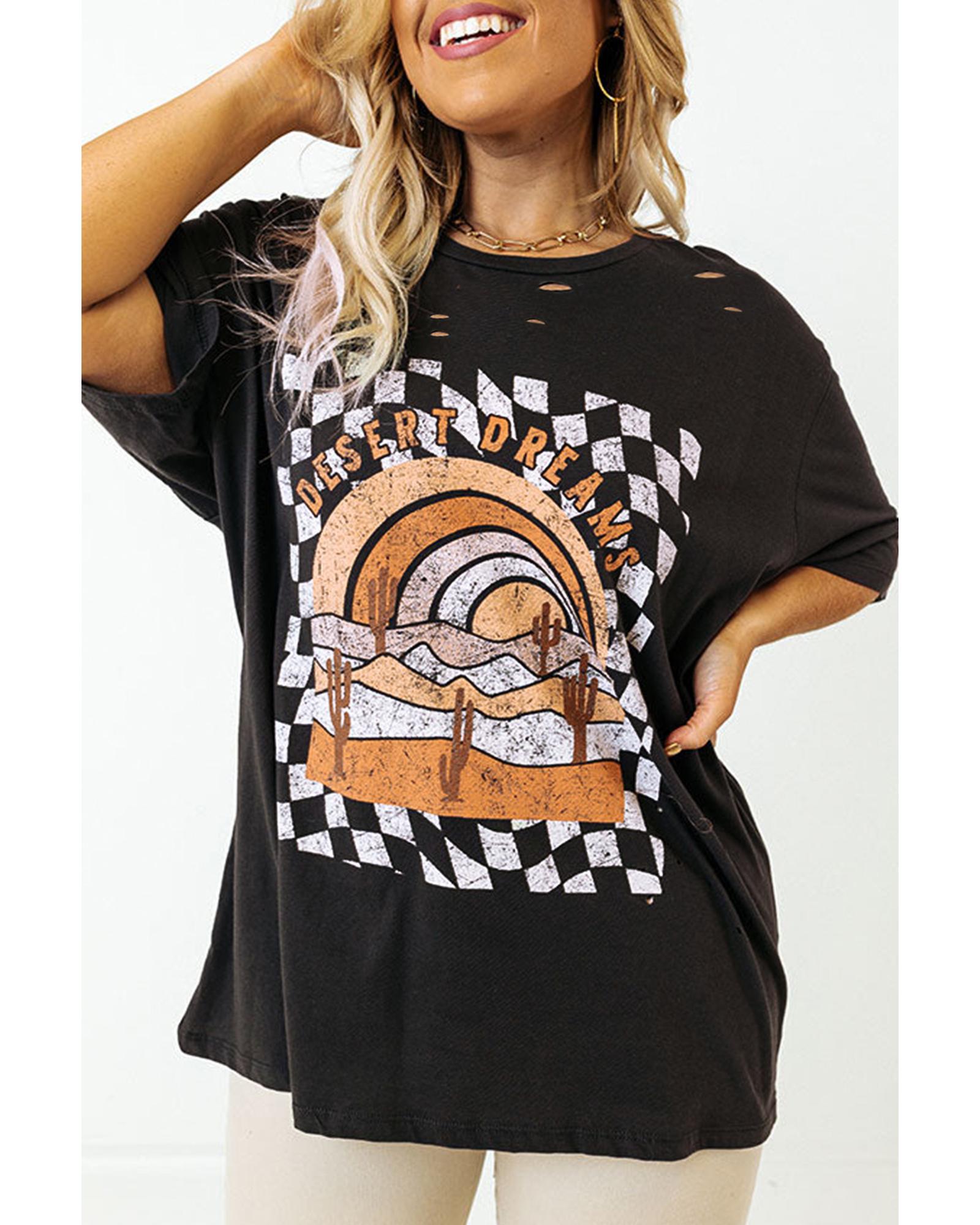 Black Checkerd DESERT DREAMS Printed Ripped Plus Size Tee - 2X