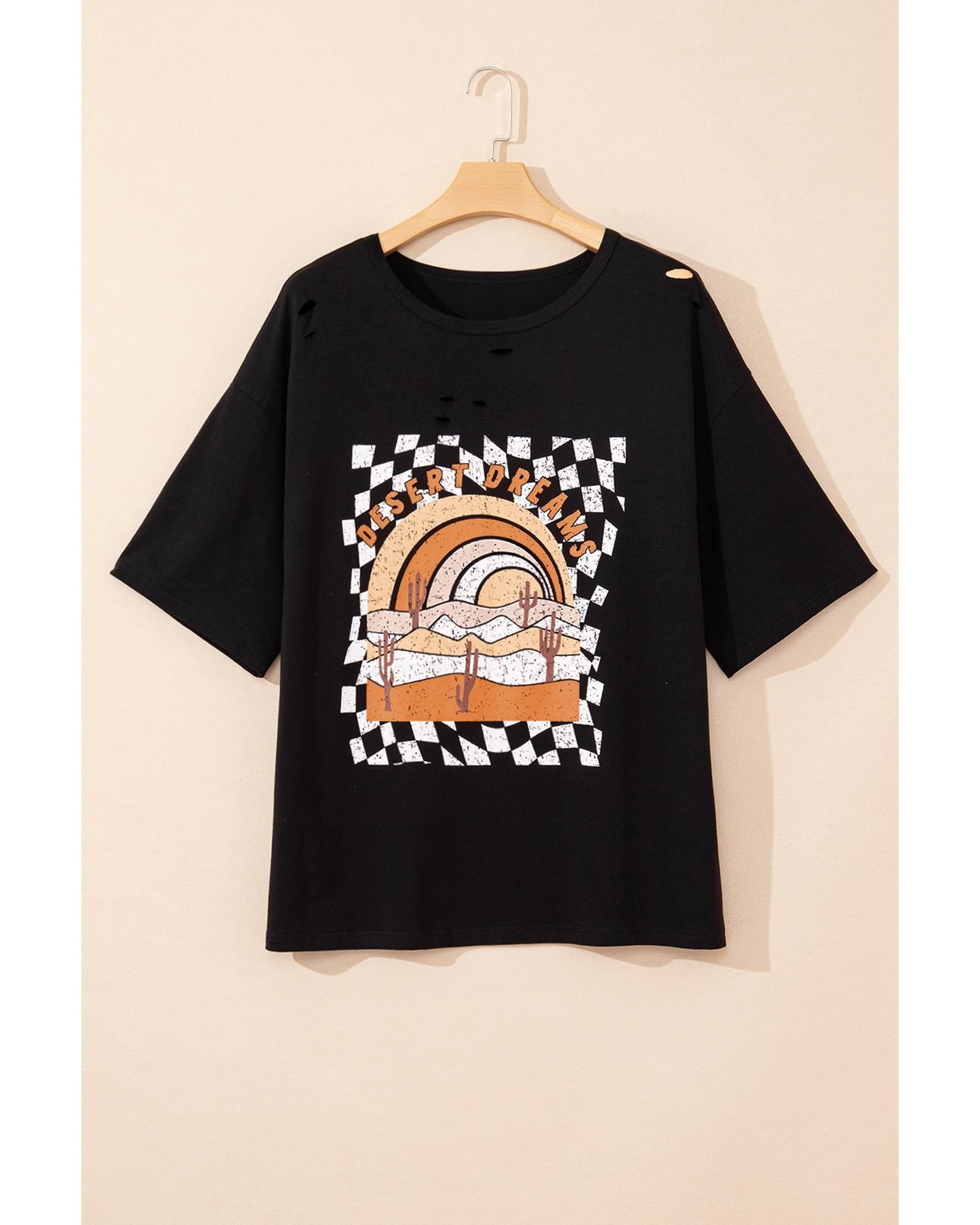 Black Checkerd DESERT DREAMS Printed Ripped Plus Size Tee - 2X