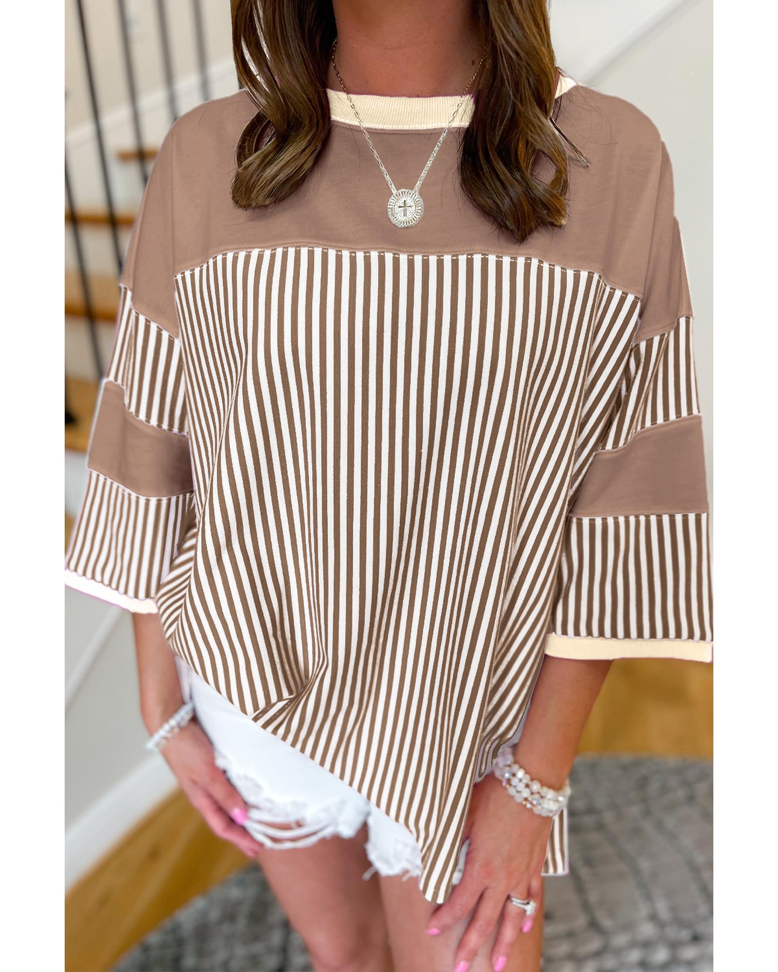 Khaki Stripe Patchwork Bracelet Sleeve Plus Size T Shirt - 1X